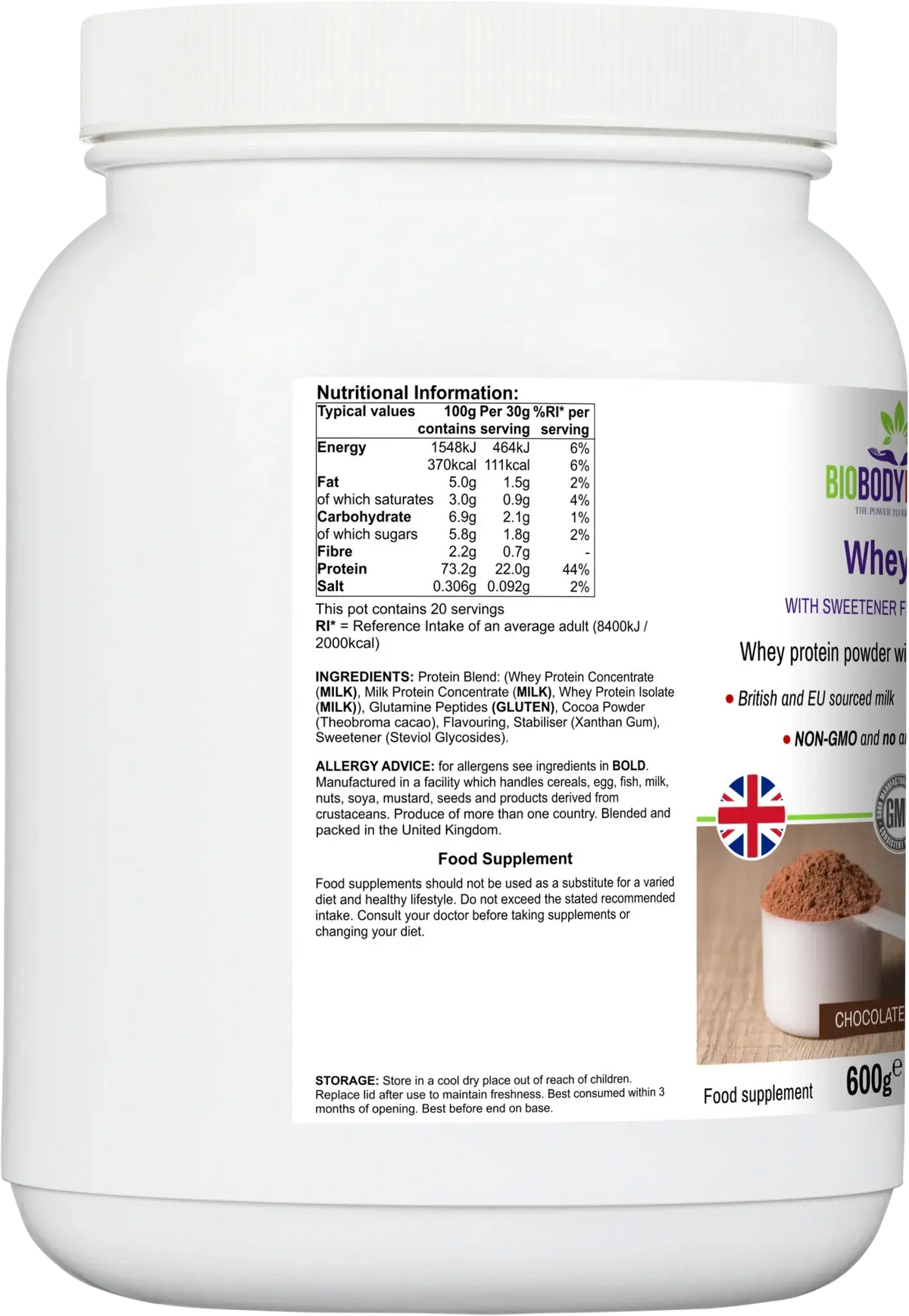 WheyPro chocolate nutrition label: 22g protein and 111kcal per 30g serving, ingredients and allergen information