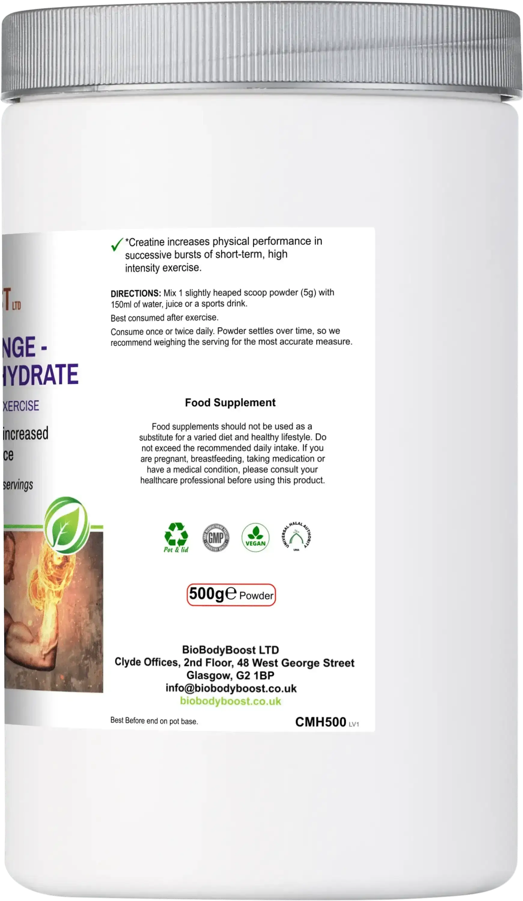 Product label of Workout Range Creatine Monohydrate detailing usage directions, benefits, and manufacturer information for athletes.