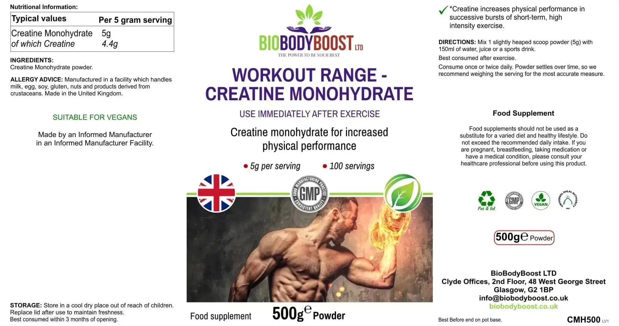 Flat layout of BioBodyBoost Creatine Monohydrate label highlighting 5g serving size, 100 servings, and performance-enhancing benefits.