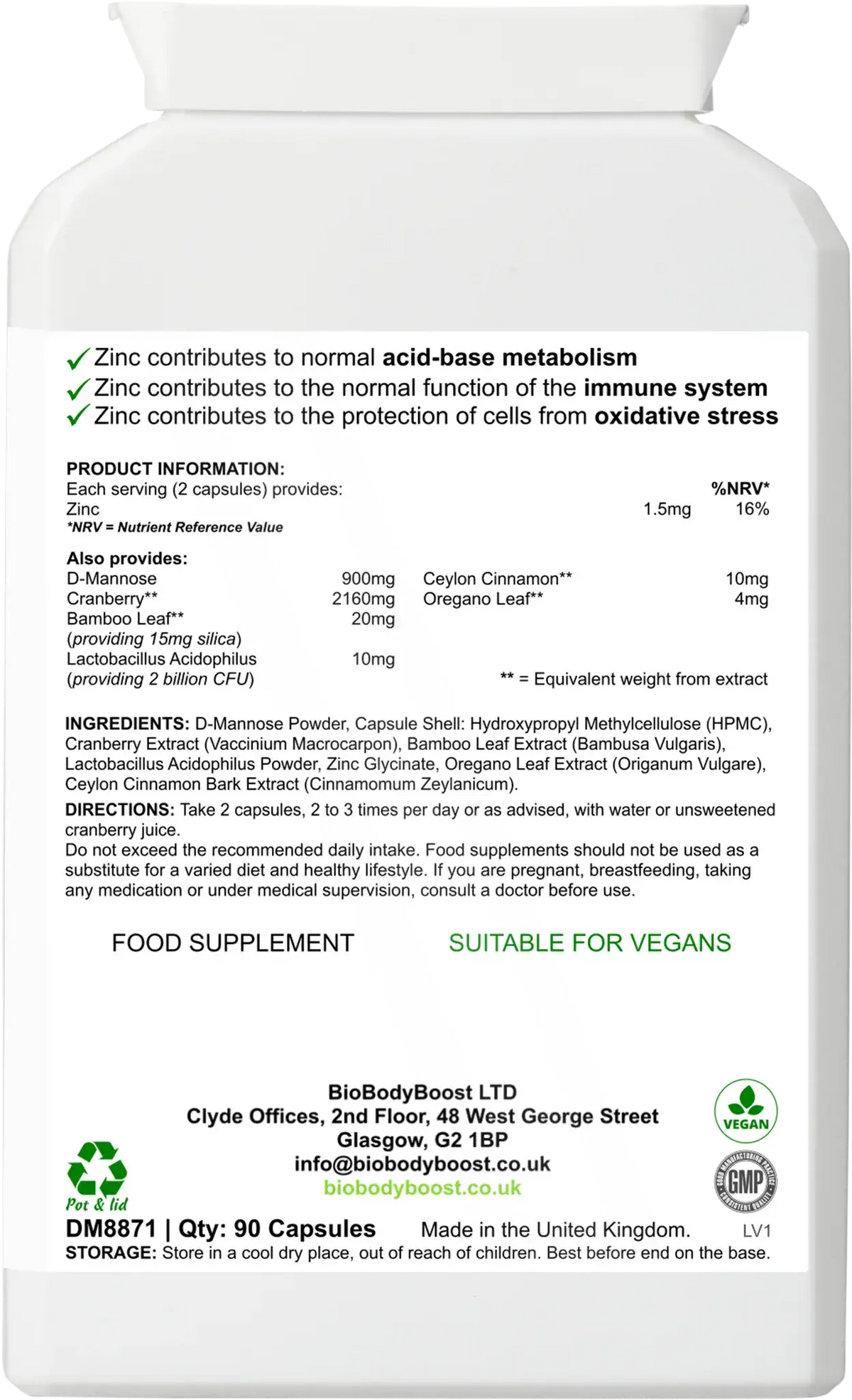 Essential Uro-Support 90 vegan urinary capsules UK — D-mannose cranberry zinc and Lactobacillus formula, back label