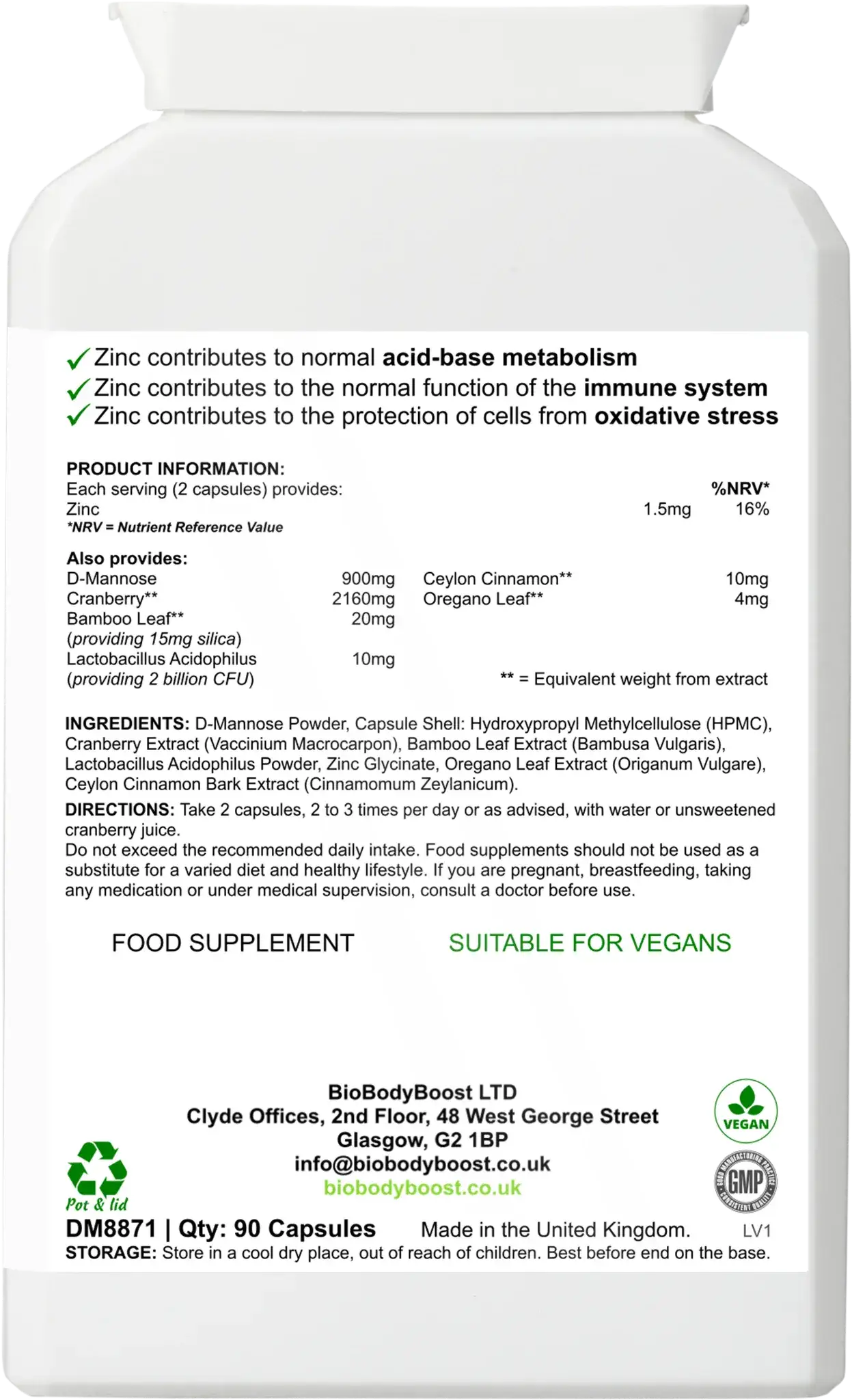 Essential Uro-Support 90 vegan urinary capsules UK — D-mannose cranberry zinc and Lactobacillus formula, back label