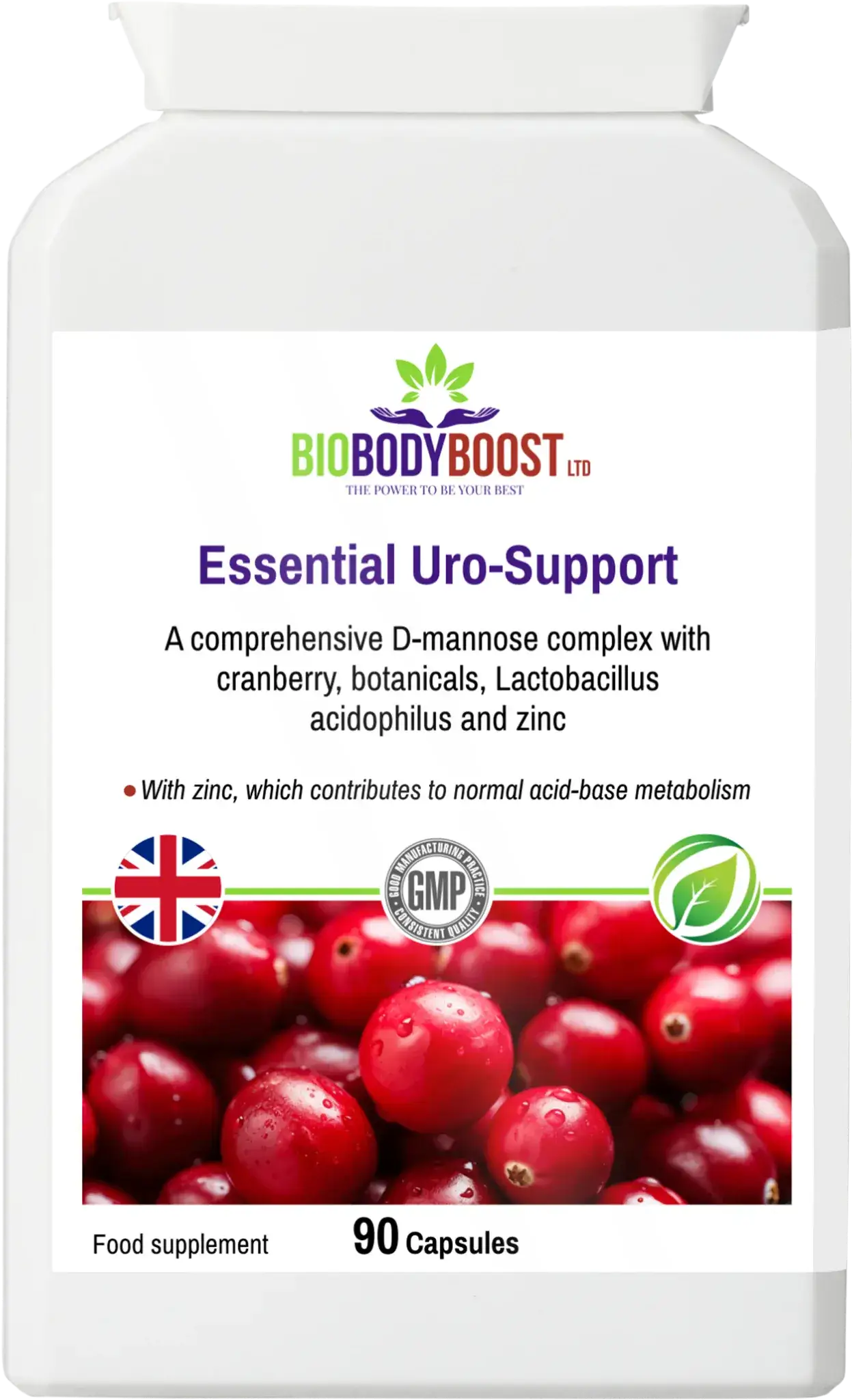 Essential Uro-Support d-mannose lifestyle shot UK — BioBodyBoost specialist urinary health complex, 90 capsules, UK made