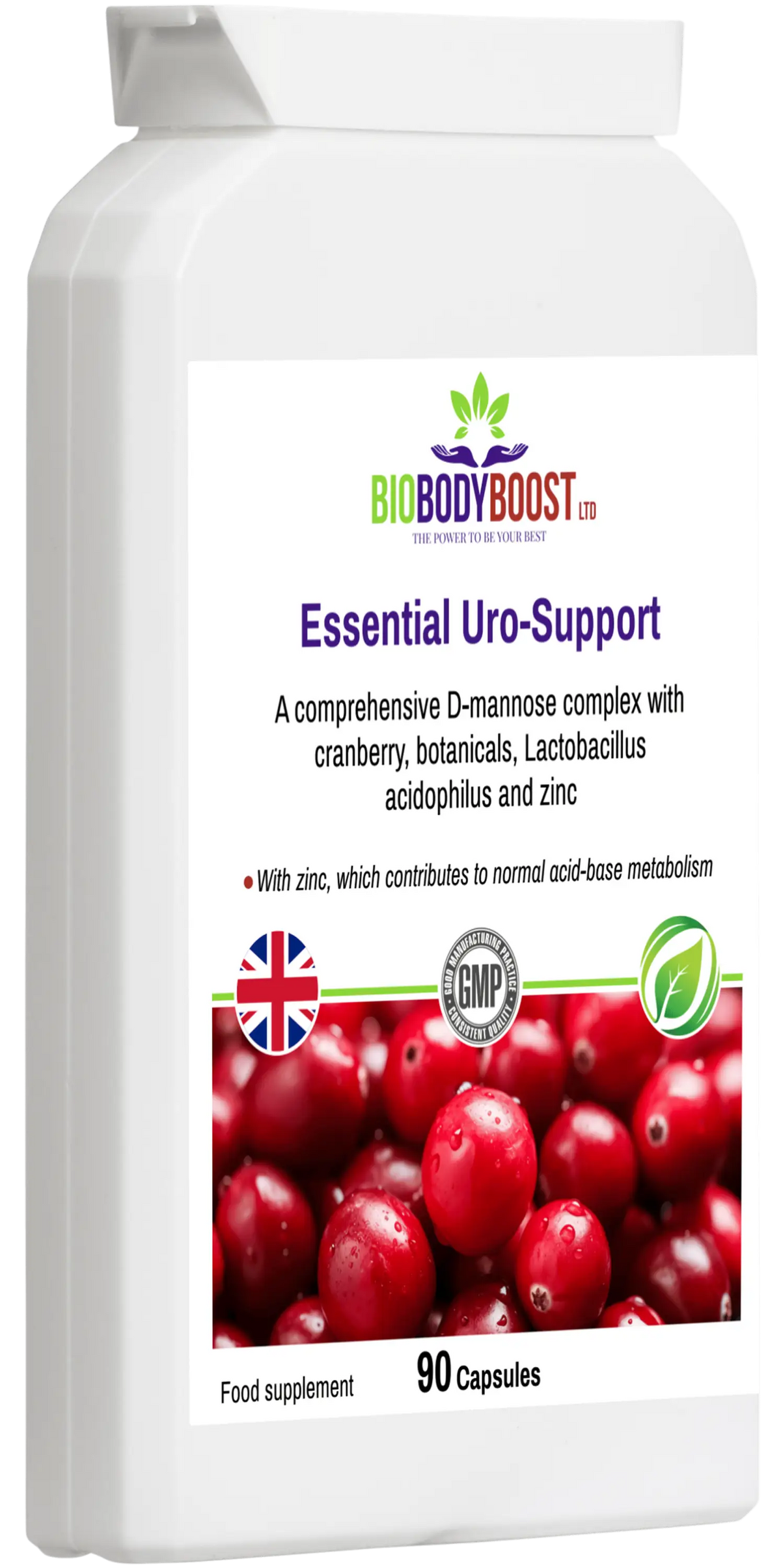 Essential Uro-Support D-mannose UK — PAC-standardised cranberry extract for urinary tract comfort, side view