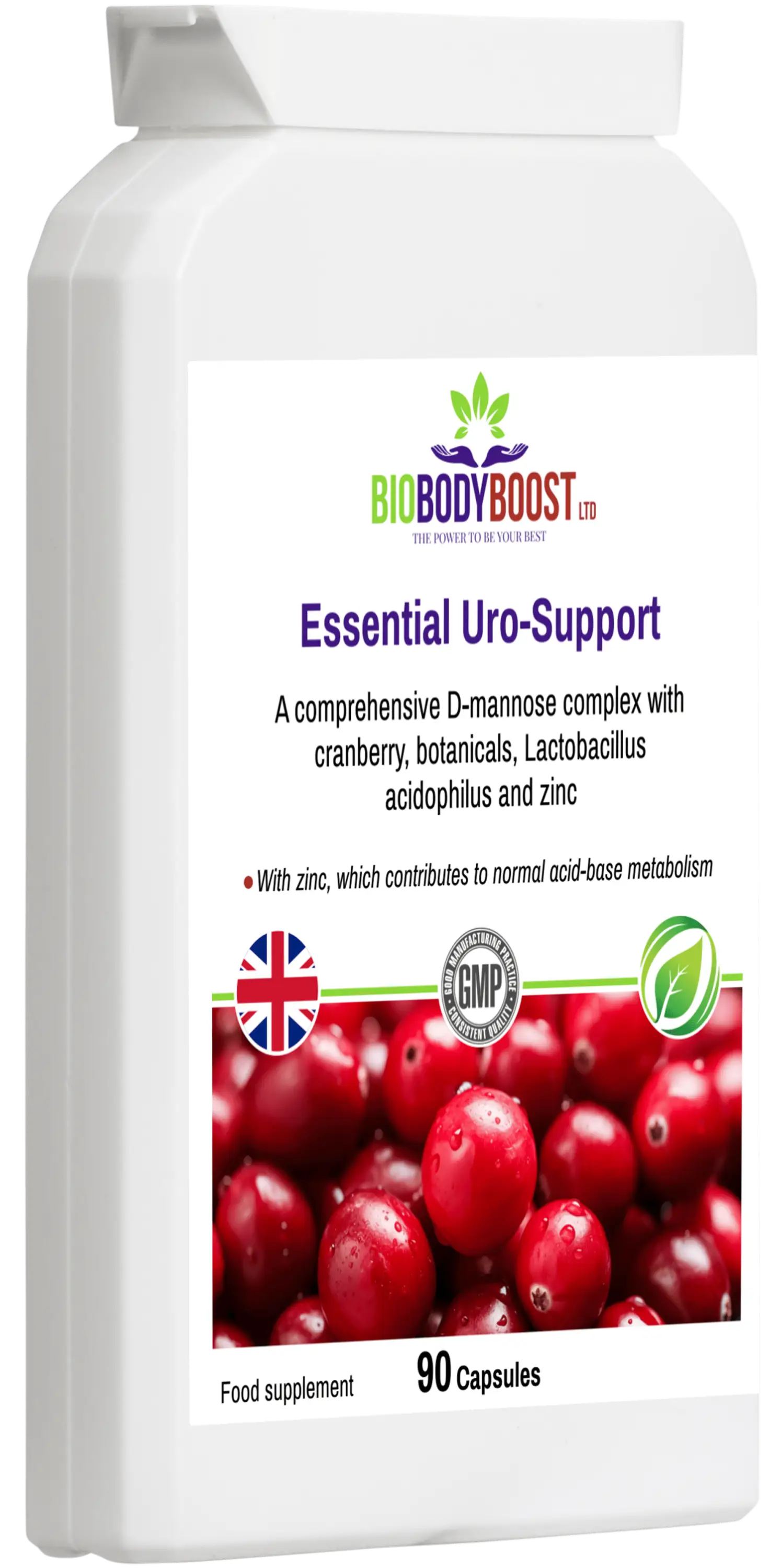 Essential Uro-Support D-mannose UK — PAC-standardised cranberry extract for urinary tract comfort, side view