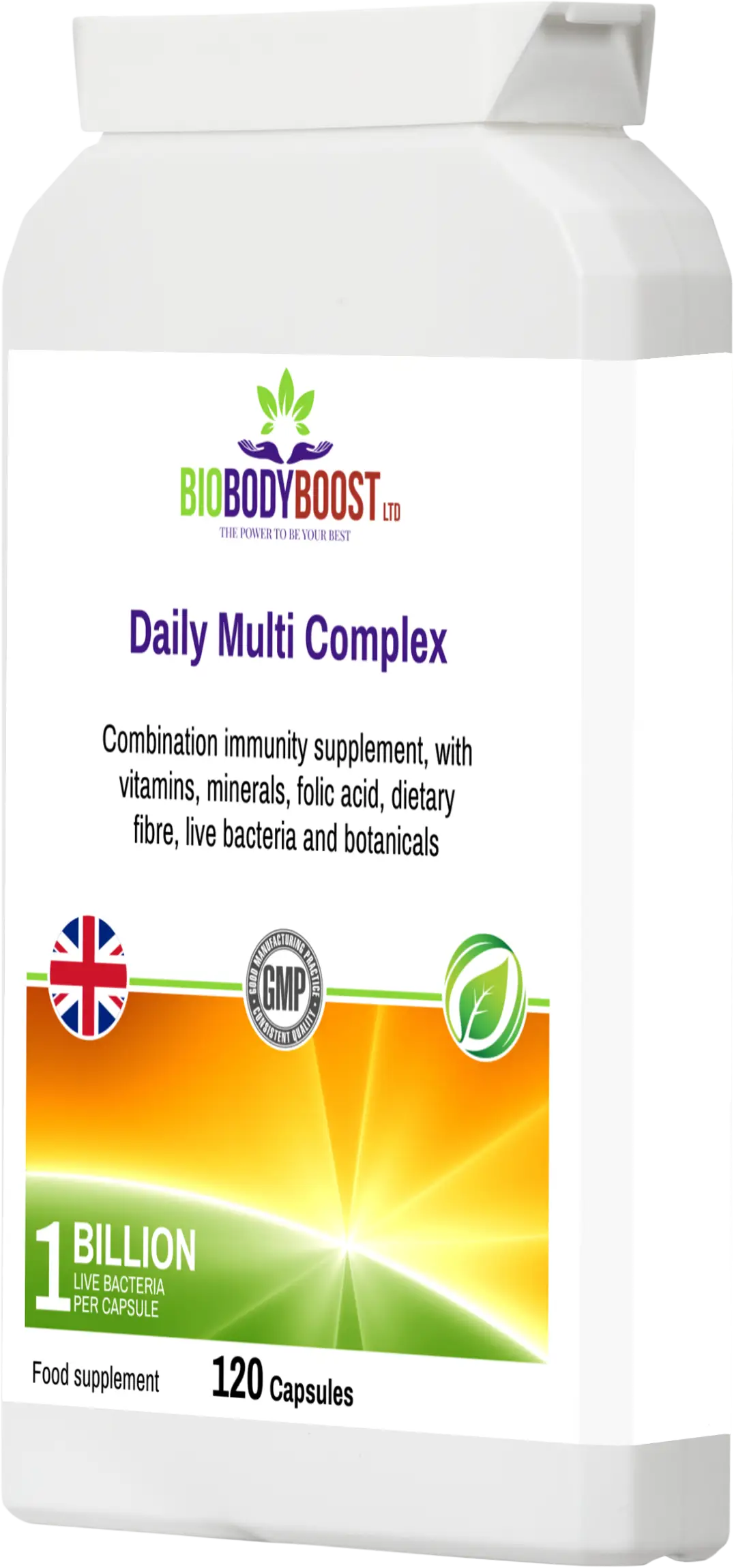 Daily Multi Complex UK back label — EU-authorised health claims for vitamins B1 B2 B6 B12 C D E folic acid iodine zinc selenium iron manganese