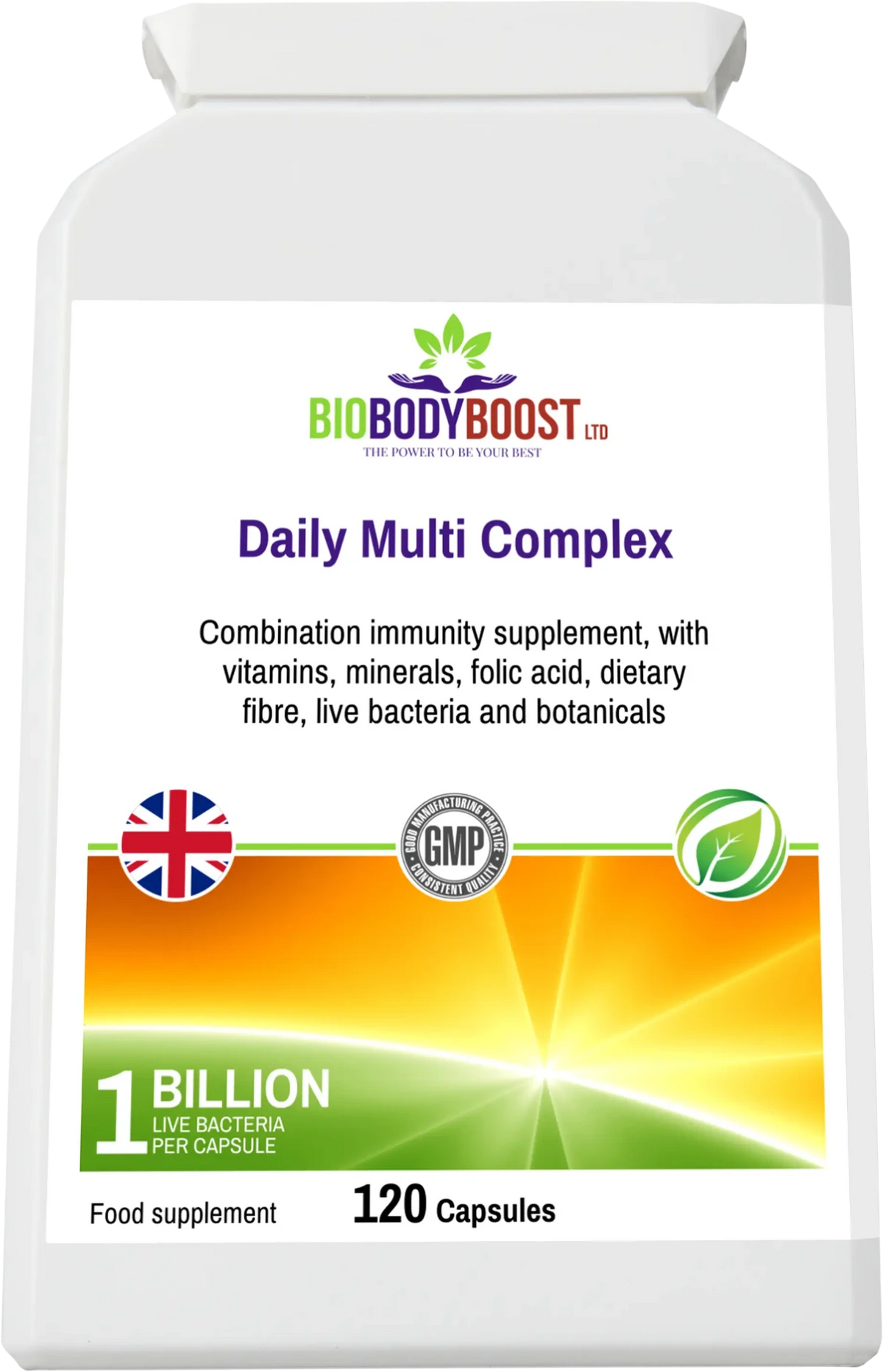 BioBodyBoost Daily Multi Complex UK — all-in-one multivitamin with 1 billion CFU probiotics, alfalfa and bladderwrack, halal approved, side view