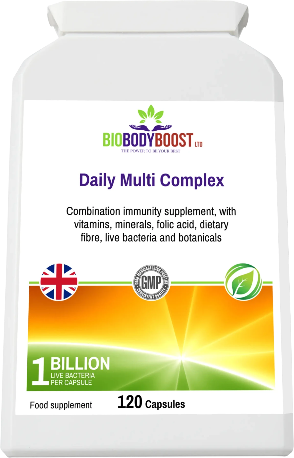 BioBodyBoost Daily Multi Complex UK — all-in-one multivitamin with 1 billion CFU probiotics, alfalfa and bladderwrack, halal approved, side view