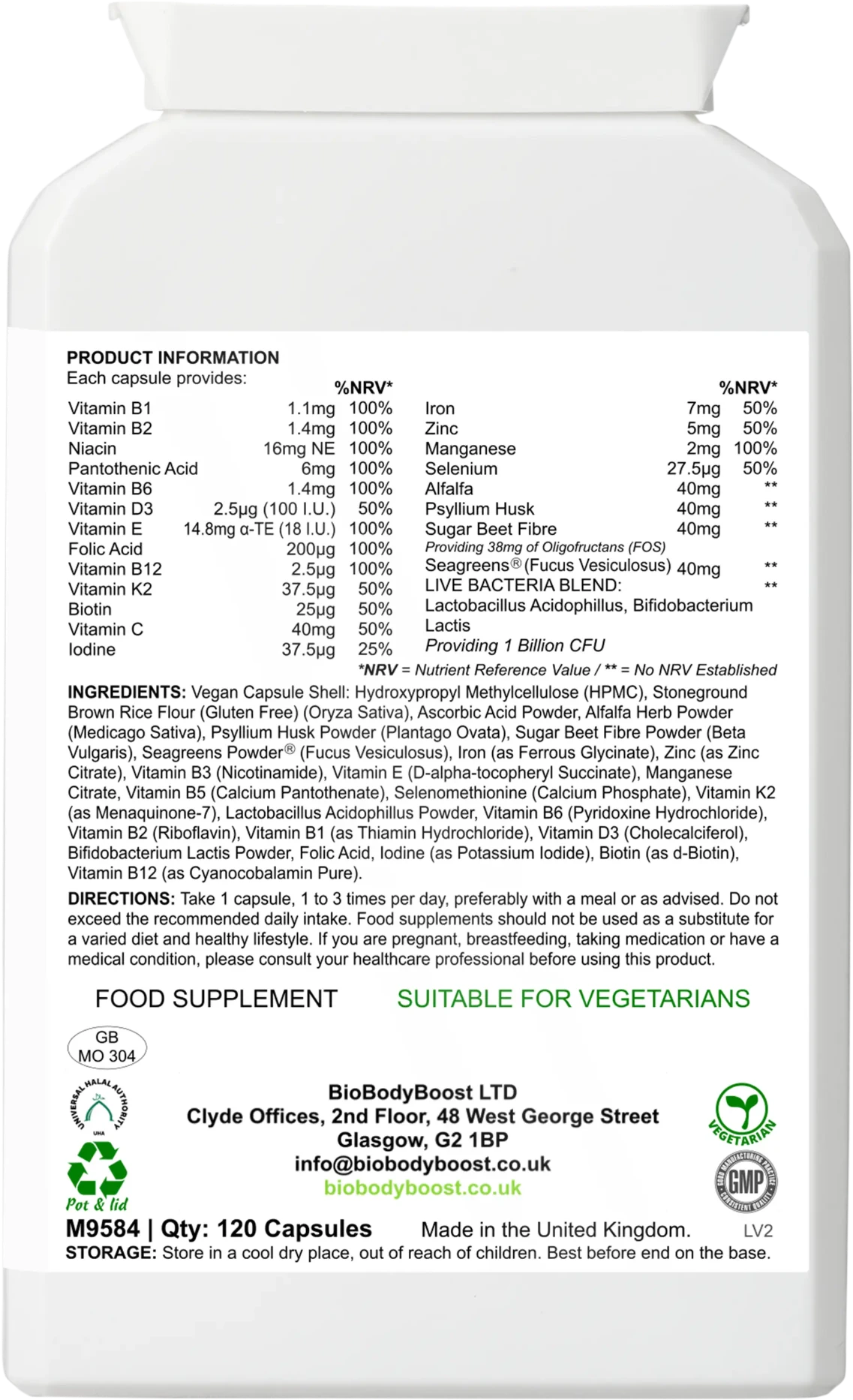 Daily Multi Complex vegetarian multivitamin UK — 17 vitamins minerals psyllium husk sugar beet fibre probiotics 120 capsules