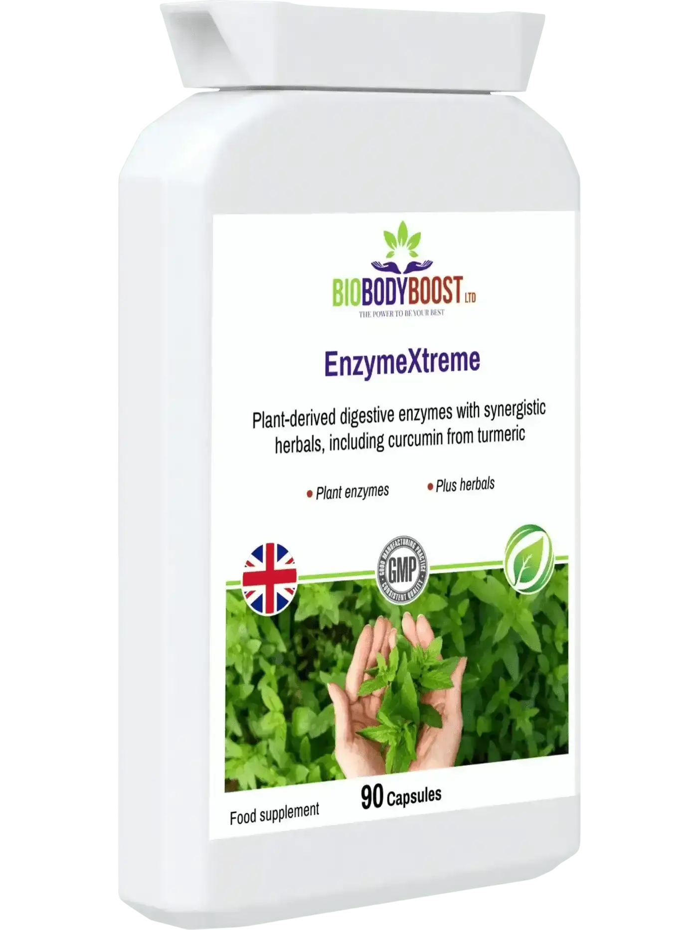 EnzymeXtreme digestive enzyme supplement lifestyle shot UK — BioBodyBoost 90-cap gut health formula, 3-month supply