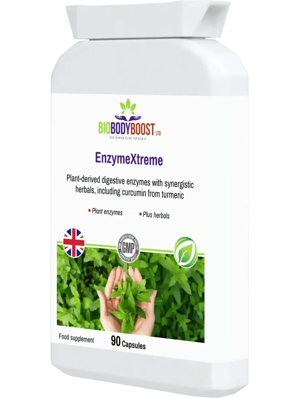EnzymeXtreme digestive enzymes UK — turmeric and ginger anti-inflammatory digestive support added, side view