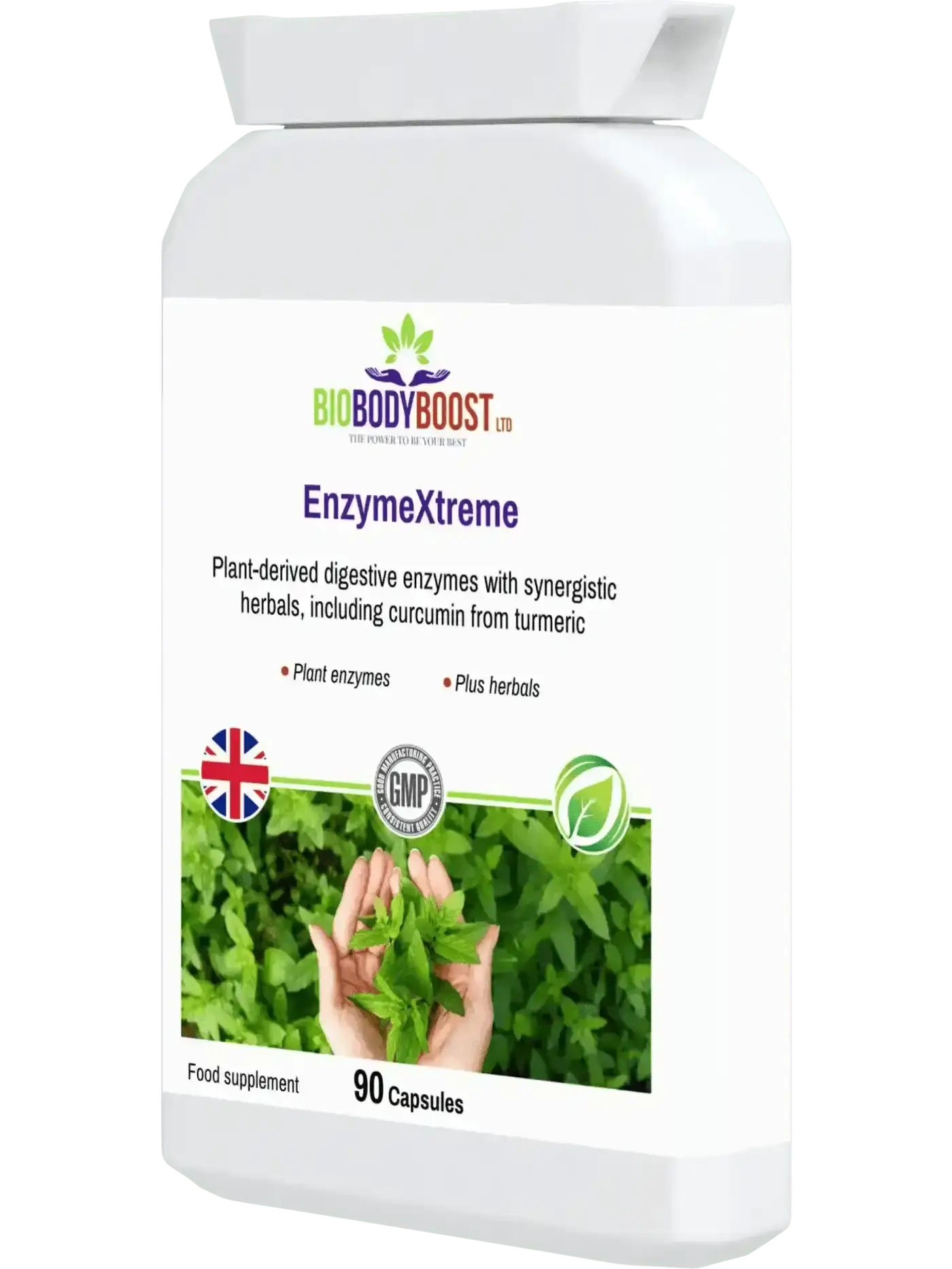 EnzymeXtreme digestive enzymes UK — turmeric and ginger anti-inflammatory digestive support added, side view