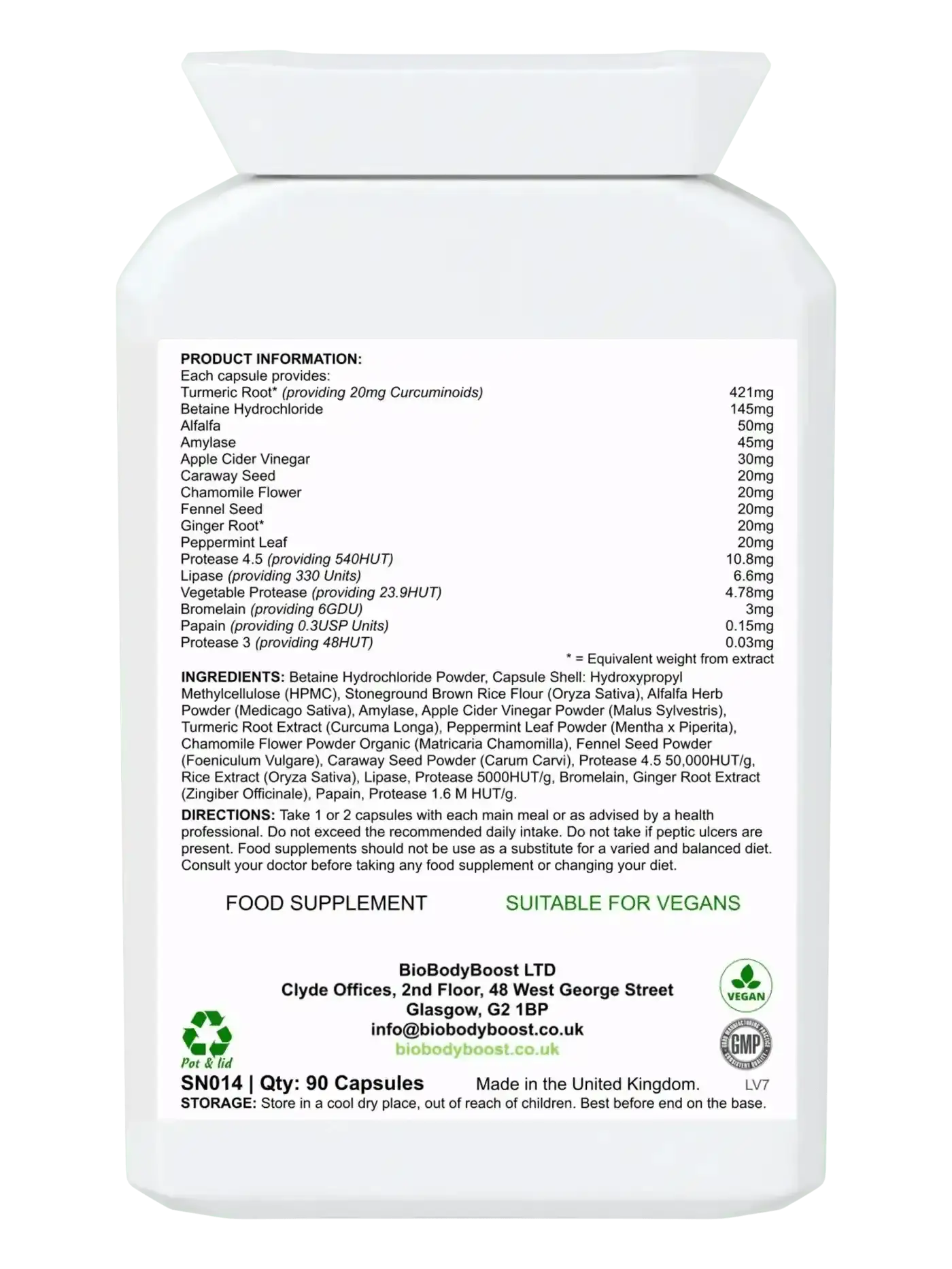 EnzymeXtreme 90 vegan enzyme capsules UK — protease amylase lipase lactase full-spectrum formula, back label