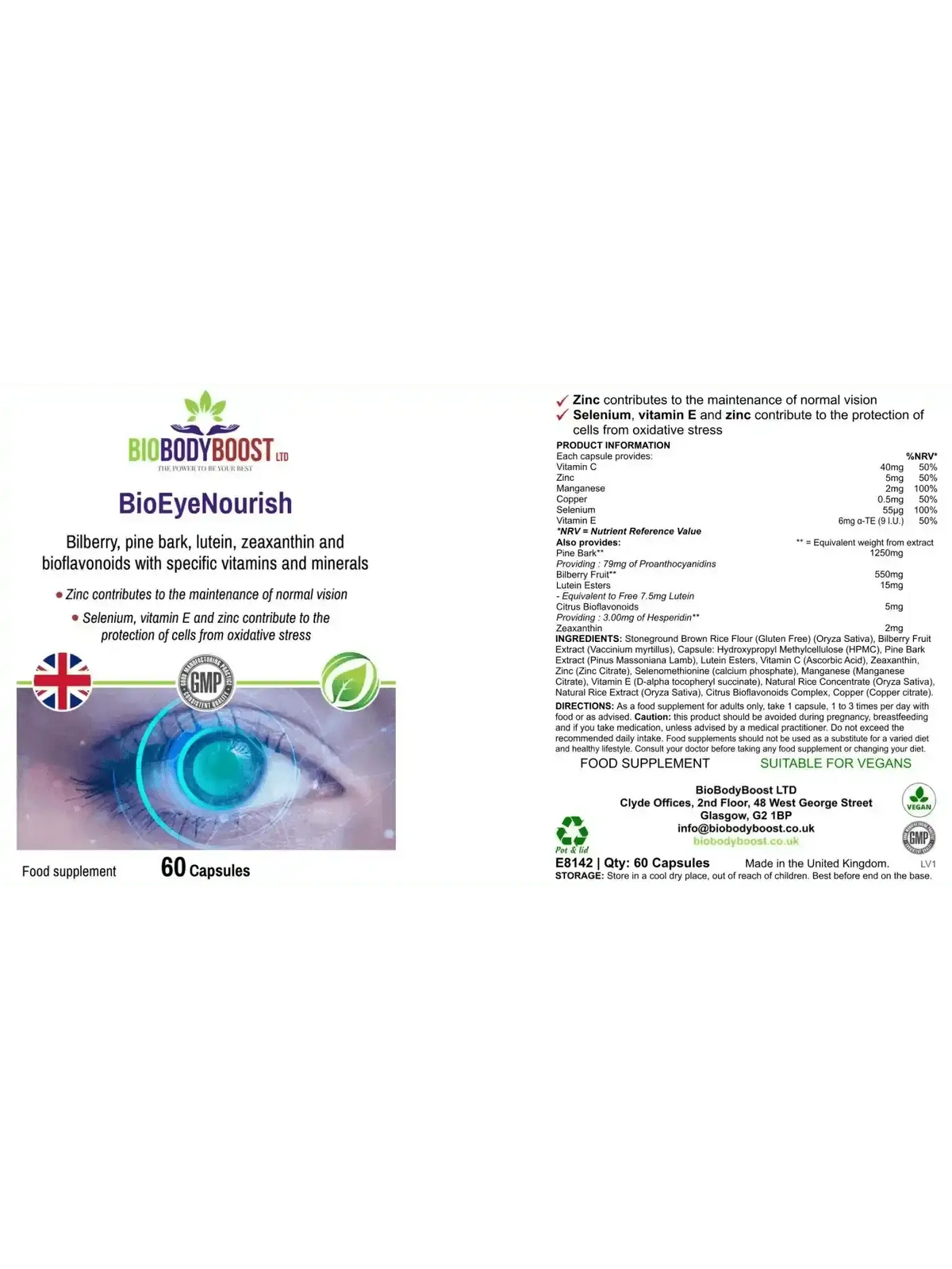 BioBodyBoost BioEyeNourish natural vision support supplement — bilberry, lutein and selenium for macular health, UK made