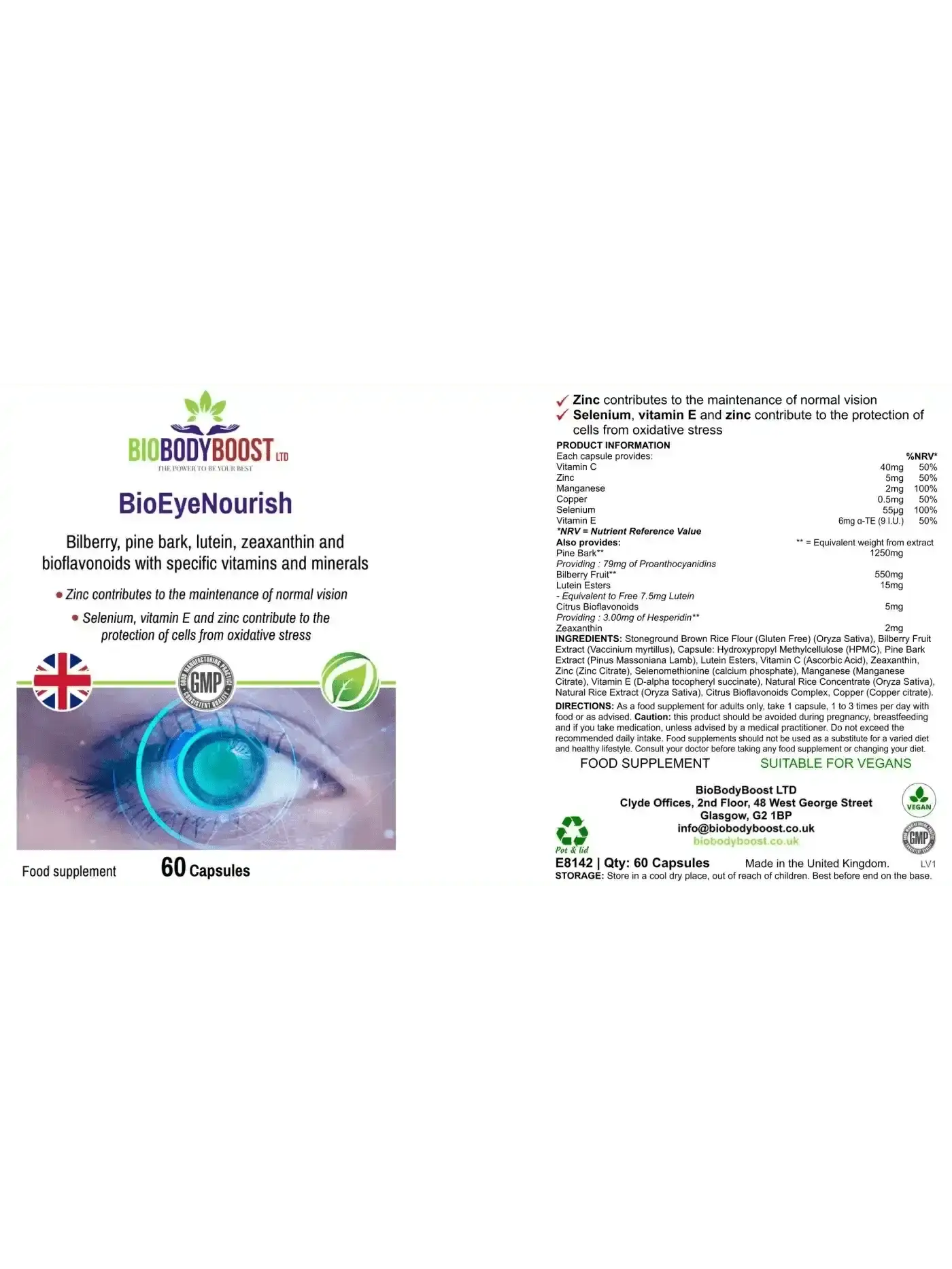BioBodyBoost BioEyeNourish natural vision support supplement — bilberry, lutein and selenium for macular health, UK made