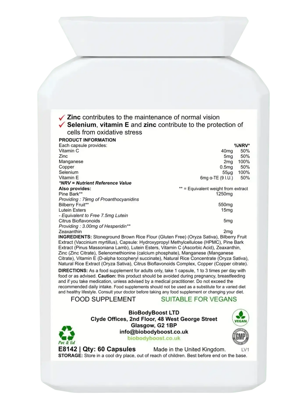 BioEyeNourish vegan eye health capsules UK — 60 caps with zeaxanthin, pine bark and zinc, side angle
