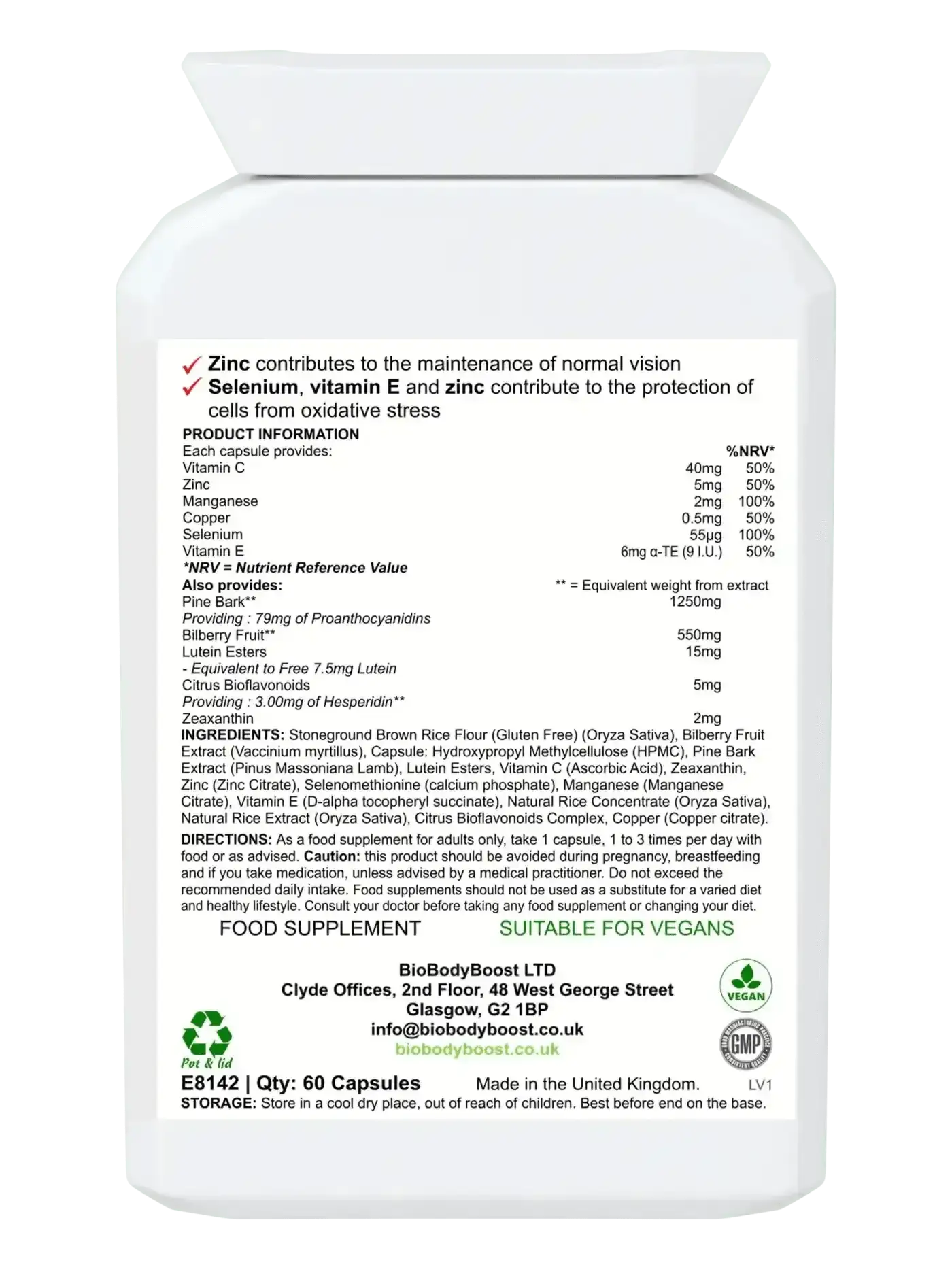 BioEyeNourish vegan eye health capsules UK — 60 caps with zeaxanthin, pine bark and zinc, side angle