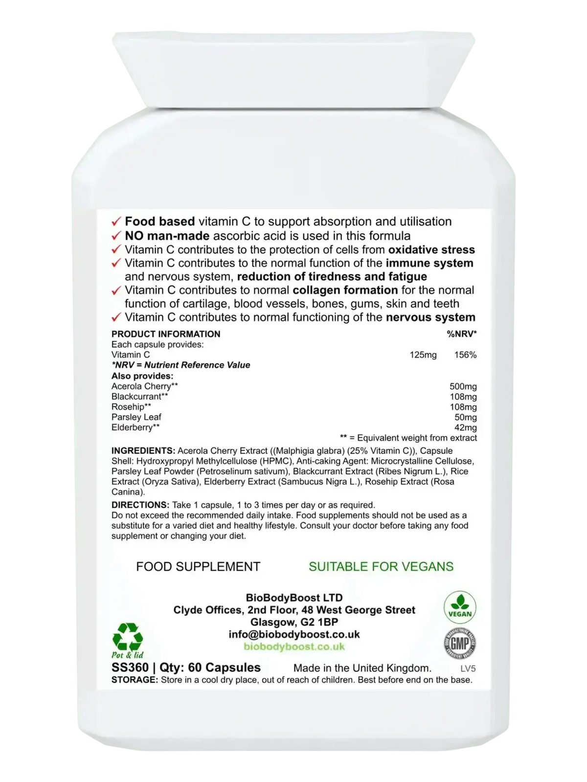 Bio-C 60 vegan vitamin C capsules UK — gentle non-acidic formula for sensitive stomachs, back label with EU claims