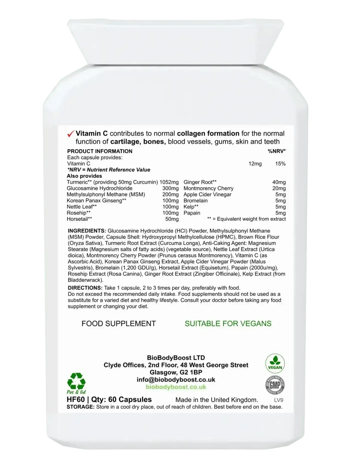 Flexi-Time 60 vegan joint capsules UK — plant-derived glucosamine MSM vitamin C formula, back label with ingredients