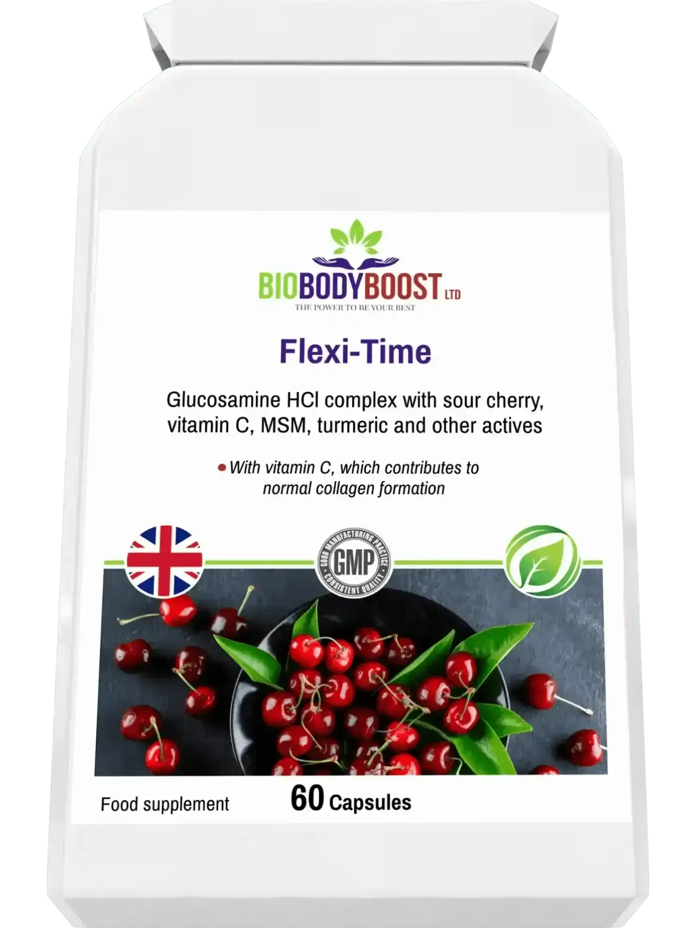 Flexi-Time glucosamine joint supplement lifestyle shot UK — BioBodyBoost vegan MSM turmeric complex, 60 capsules