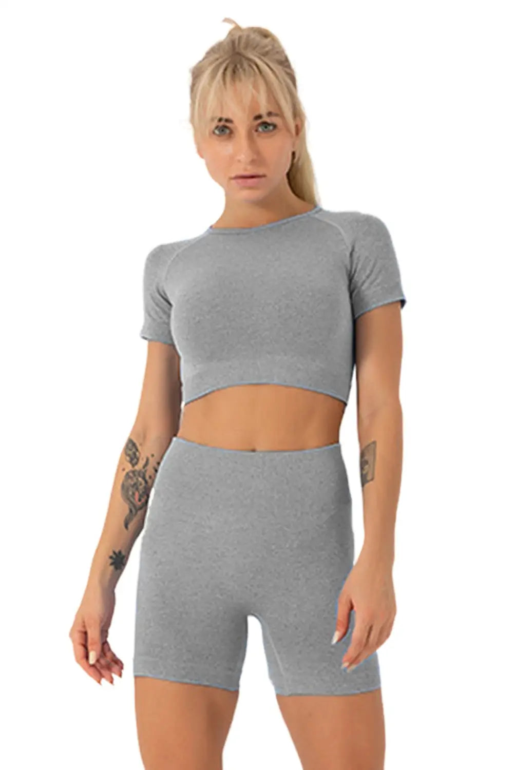 Gray Solid Crop Top and High Waist Shorts Yoga Set
