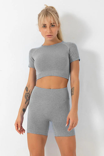 Gray Solid Crop Top and High Waist Shorts Yoga Set