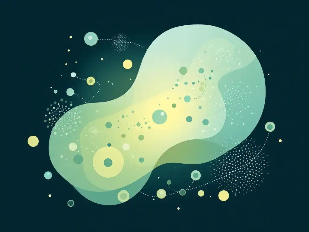 Abstract illustration of beneficial gut flora and probiotics, featuring harmonious patterns of healthy bacteria in soothing green and blue tones
