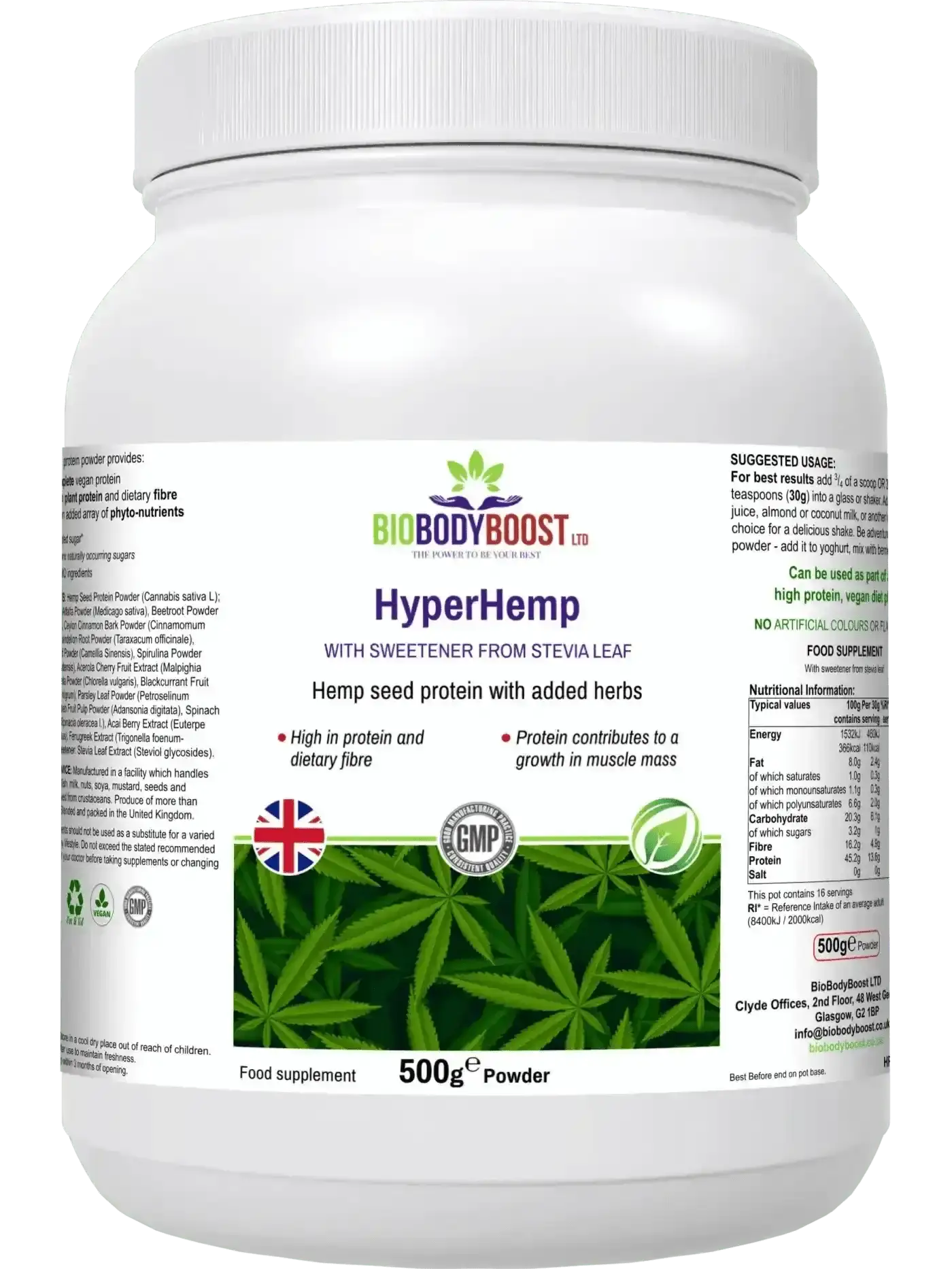 HyperHemp vegan hemp protein powder UK — 13.6g protein with natural omega-3 and 13 botanicals by BioBodyBoost, front of bag