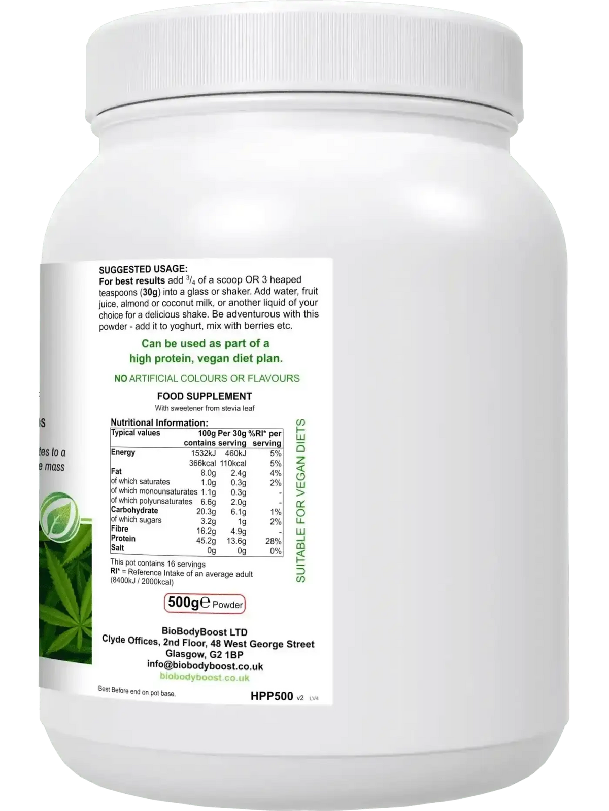 HyperHemp 500g hemp protein powder UK — omega-rich whole food plant protein, back label with botanical blend