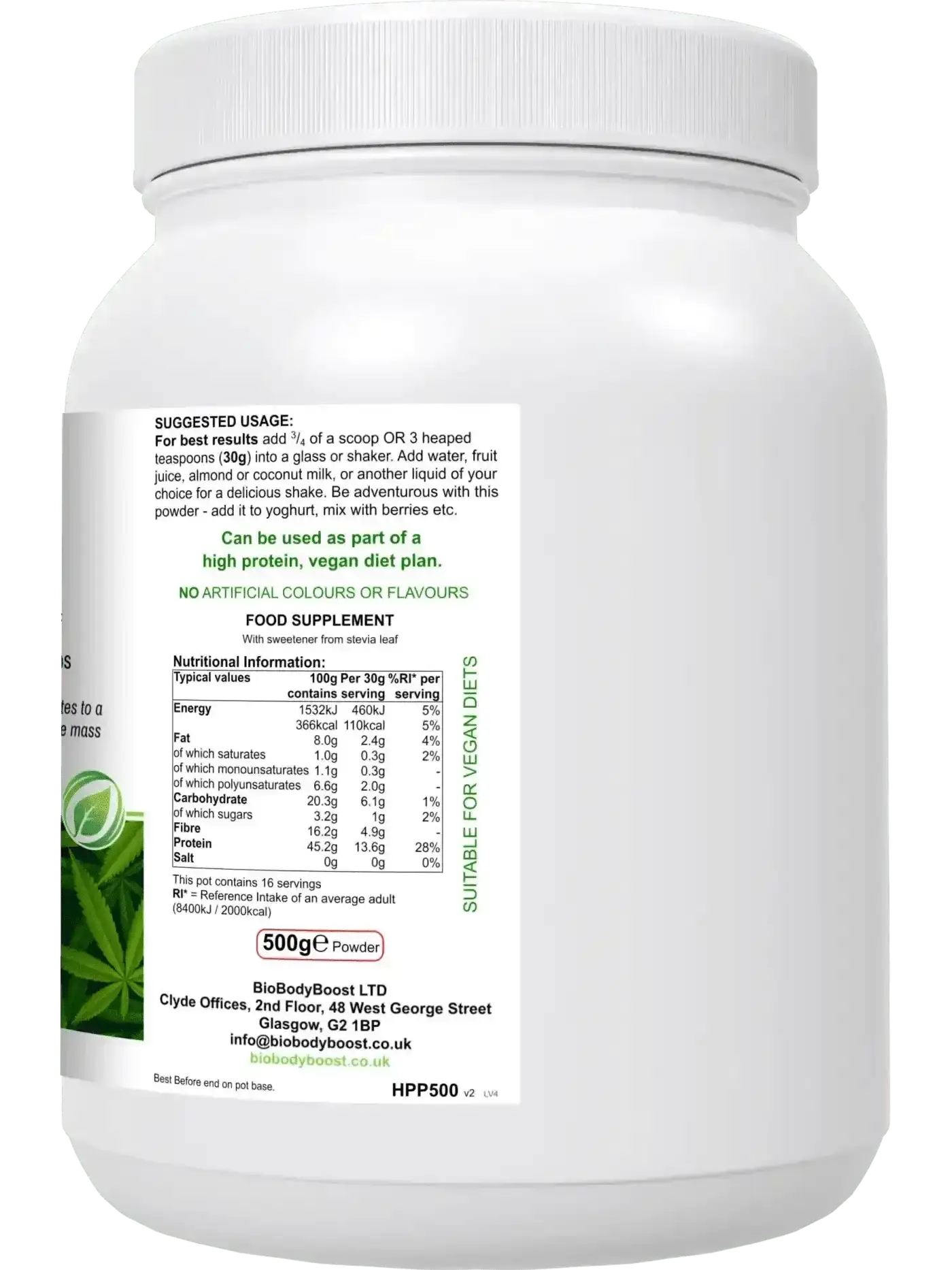 HyperHemp 500g hemp protein powder UK — omega-rich whole food plant protein, back label with botanical blend
