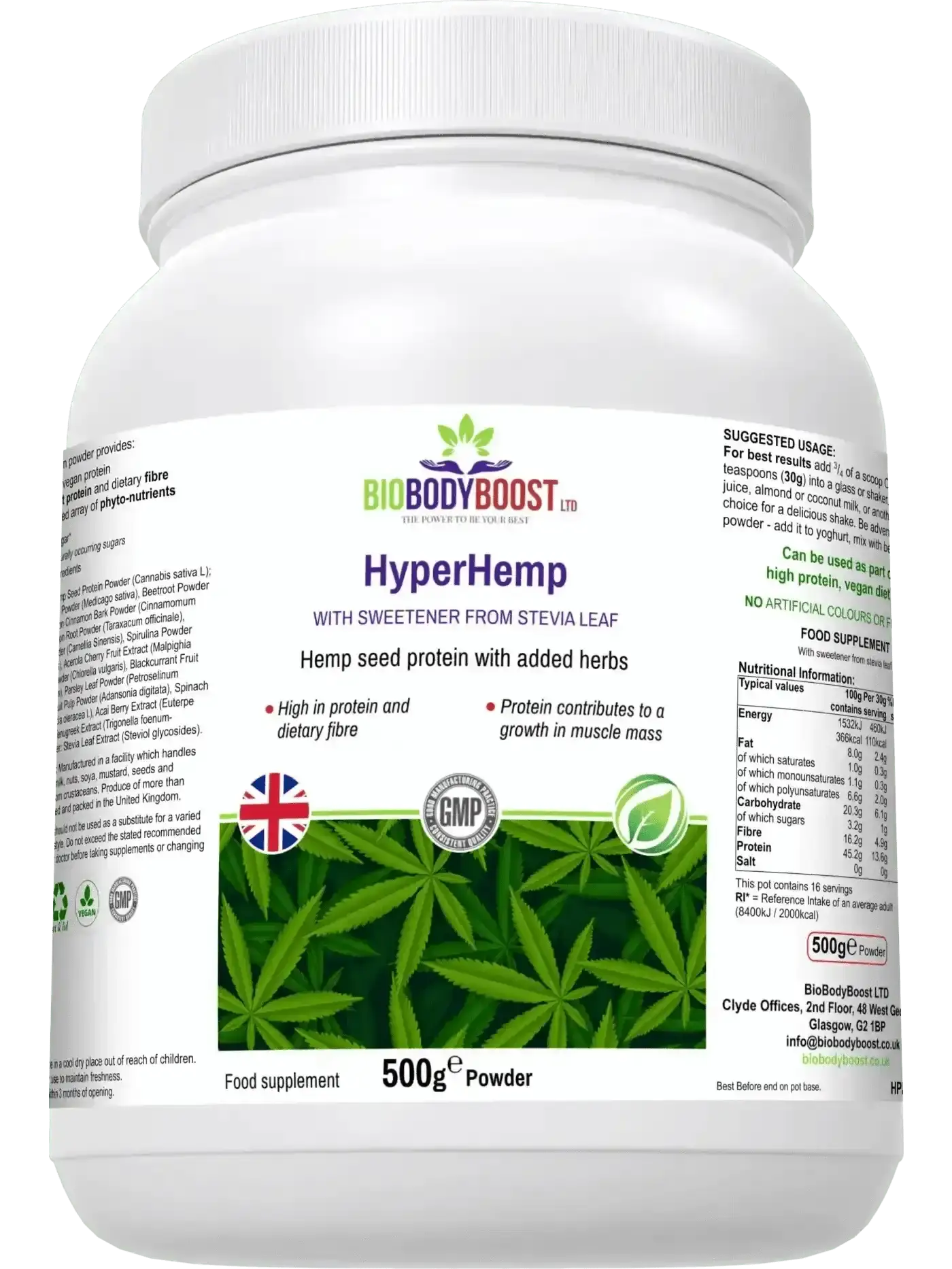 BioBodyBoost HyperHemp plant-based protein powder UK — halal approved, dairy-free, soy-free, gluten-free, spirulina blend