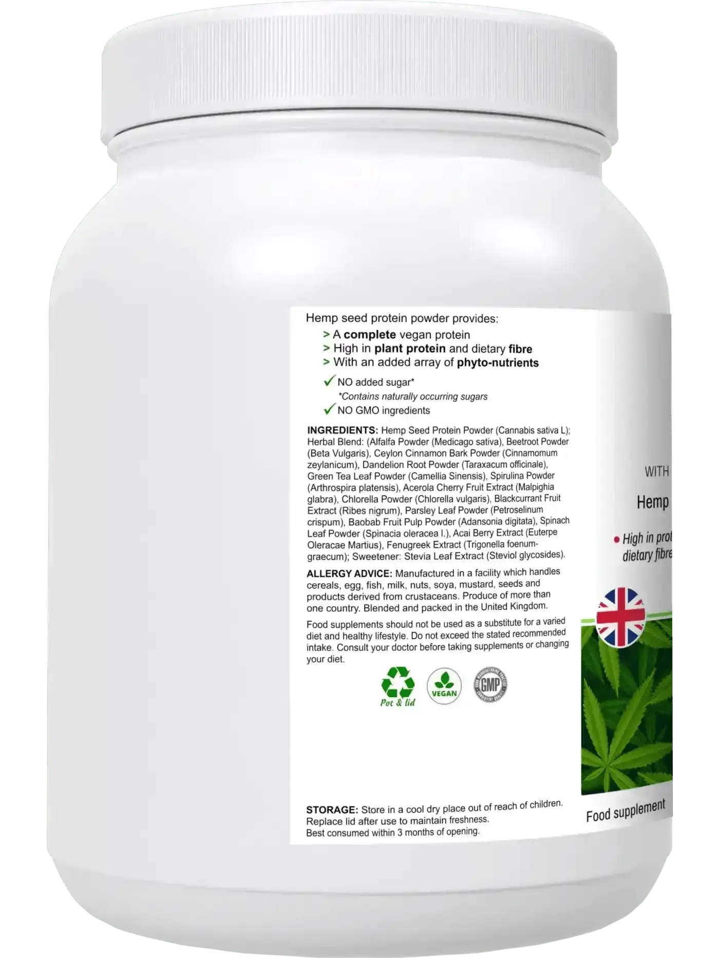 HyperHemp UK made vegan hemp protein — naturally occurring omega-3 ALA and GLA omega-6 from hemp seed, side view