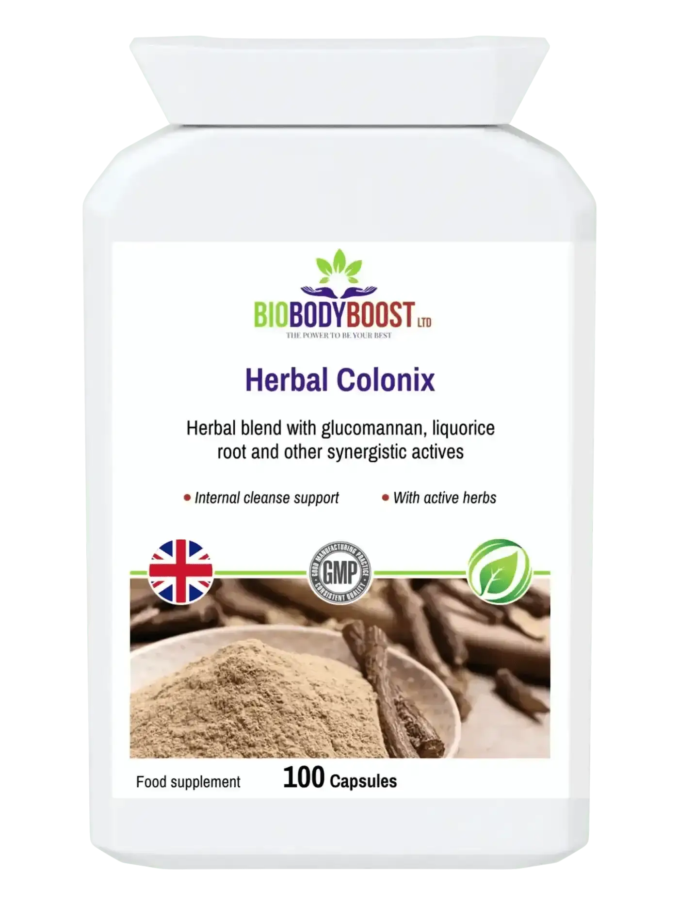 Herbal Colonix colon cleanse supplement UK — glucomannan rhubarb and senna botanical formula by BioBodyBoost, front label