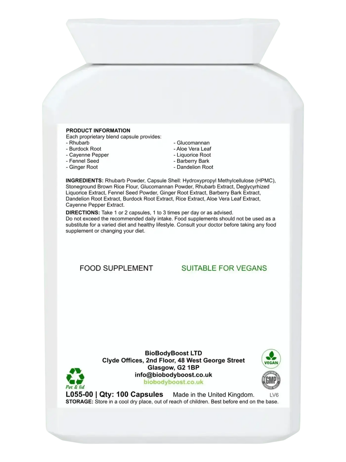 Herbal Colonix 60 vegan colon capsules UK — herbal fibre and botanical cleanse formula, back label with ingredients
