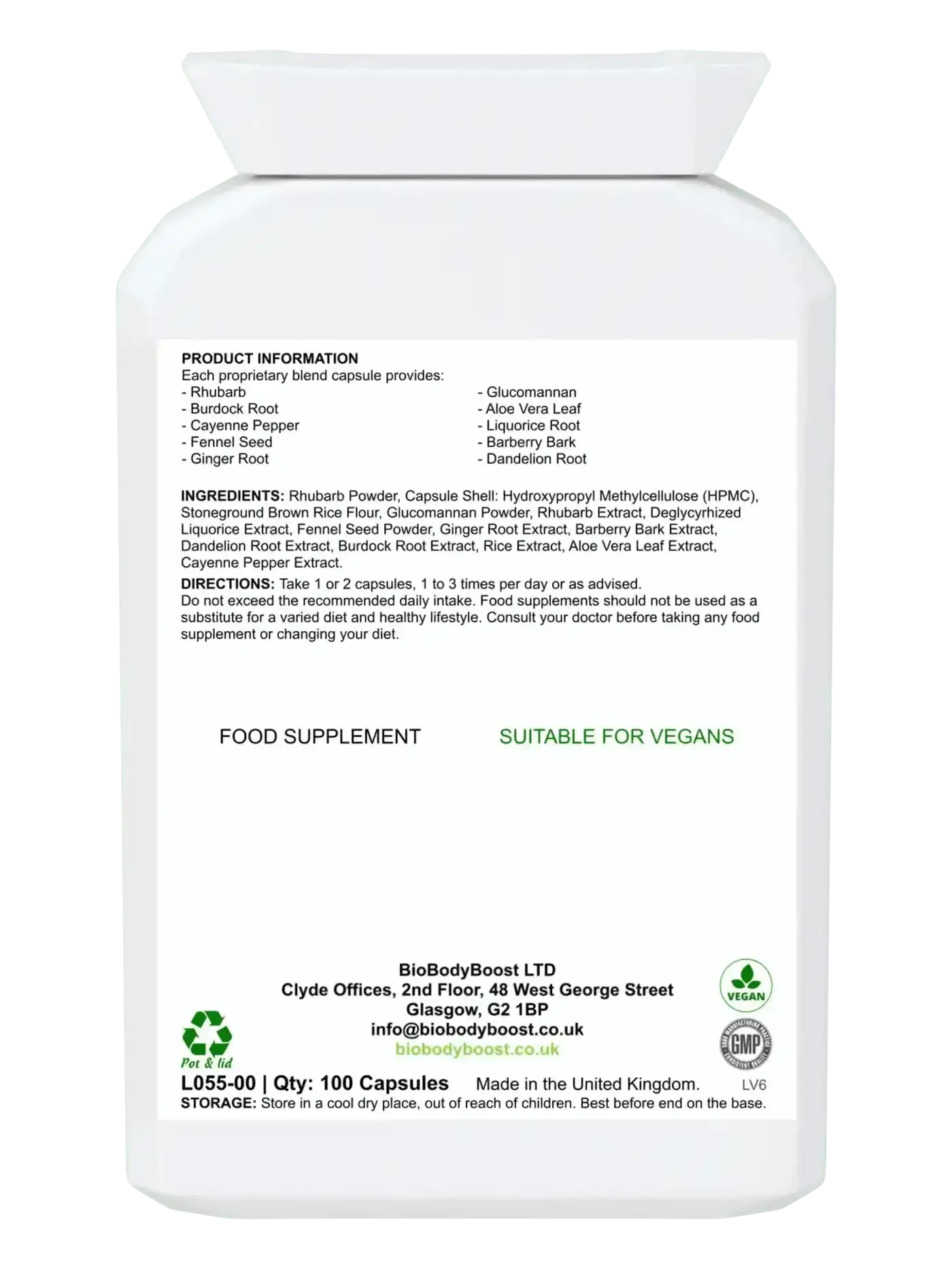 Herbal Colonix 60 vegan colon capsules UK — herbal fibre and botanical cleanse formula, back label with ingredients