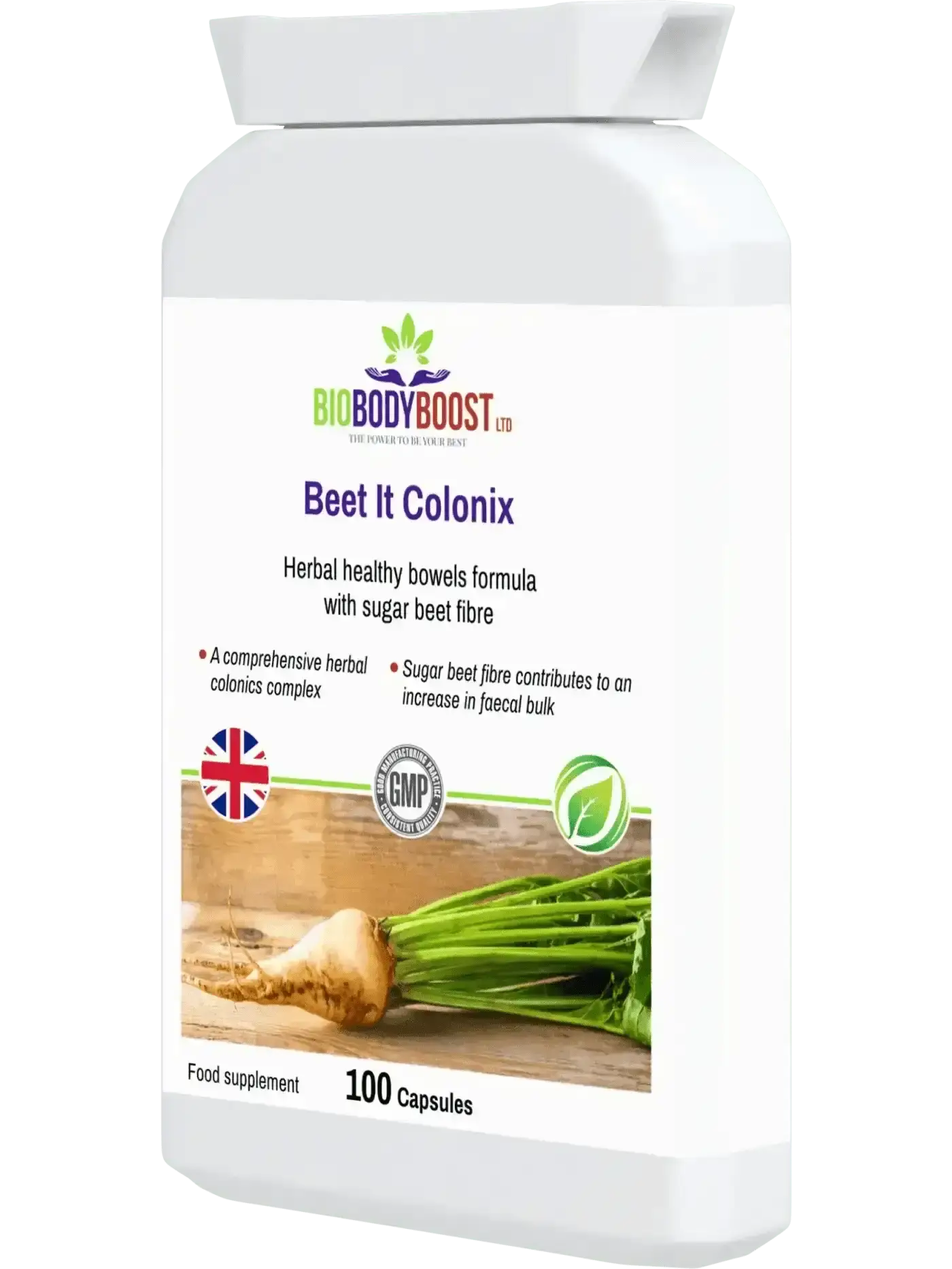 Beet It Colonix bowel cleanse UK — senna leaf and aloe vera botanical formula, side view