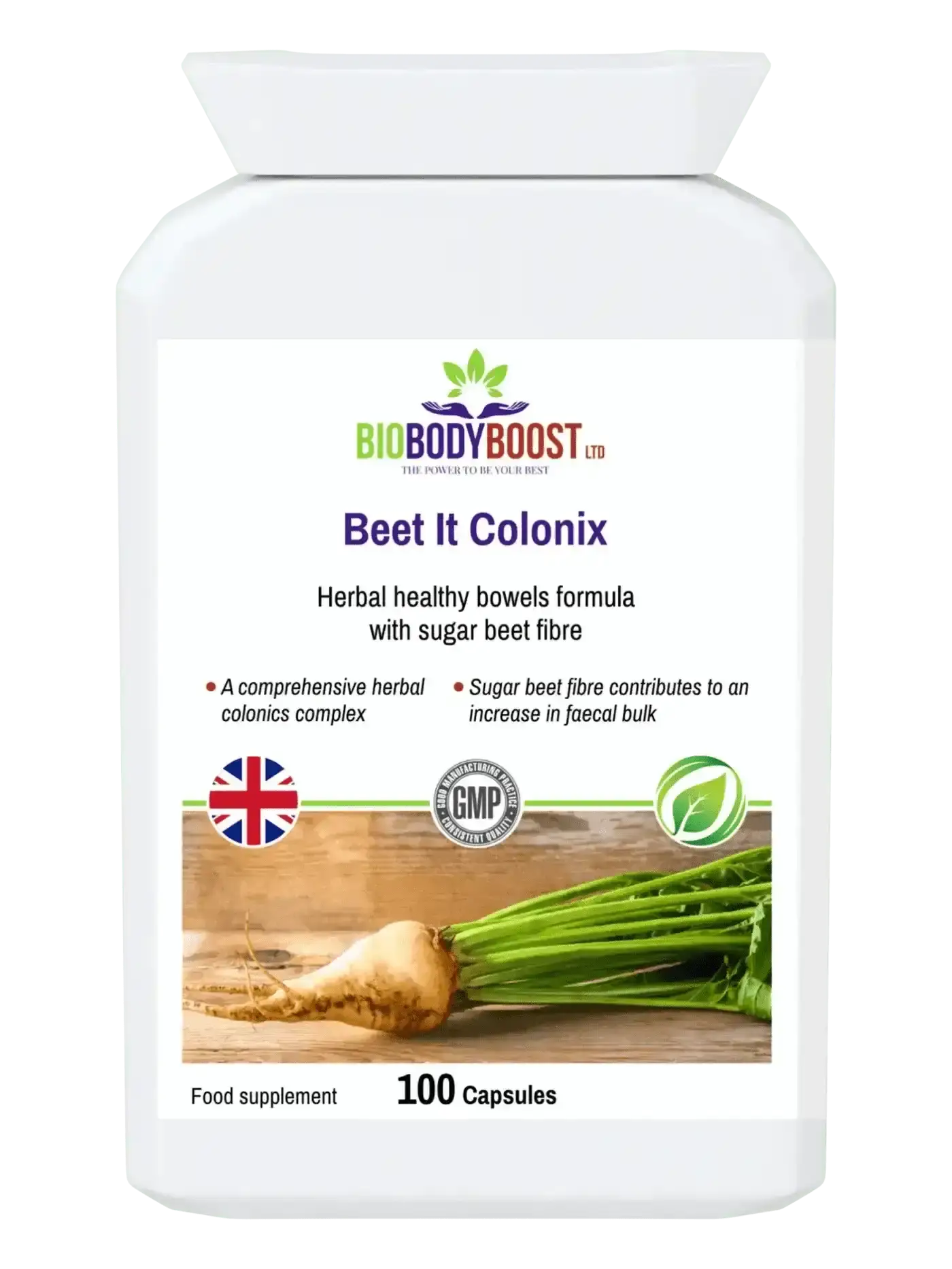 Beet It Colonix herbal colon cleanse UK — sugar beet fibre and rhubarb formula by BioBodyBoost, front label