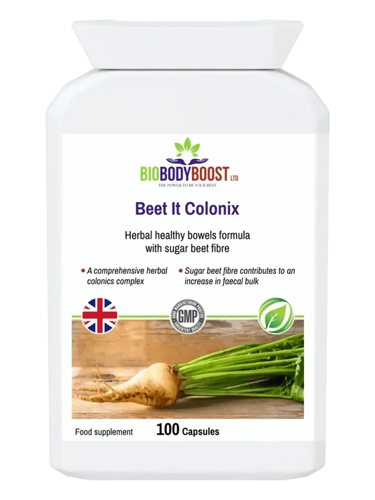 Beet It Colonix herbal colon cleanse UK — sugar beet fibre and rhubarb formula by BioBodyBoost, front label