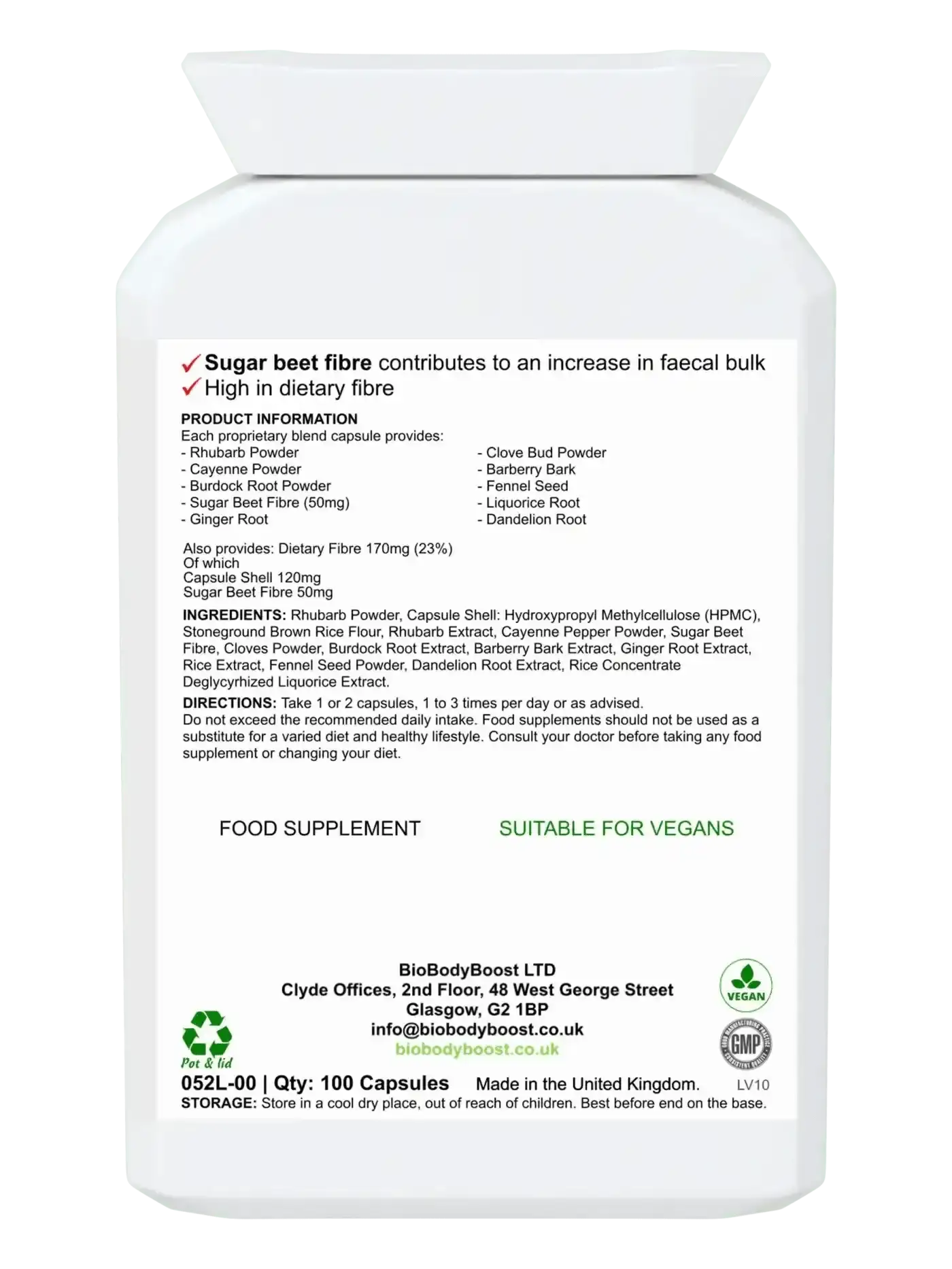 Beet It Colonix 60 vegan colon capsules UK — EU authorised sugar beet fibre faecal bulk claim, back label