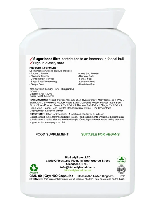 Beet It Colonix 60 vegan colon capsules UK — EU authorised sugar beet fibre faecal bulk claim, back label