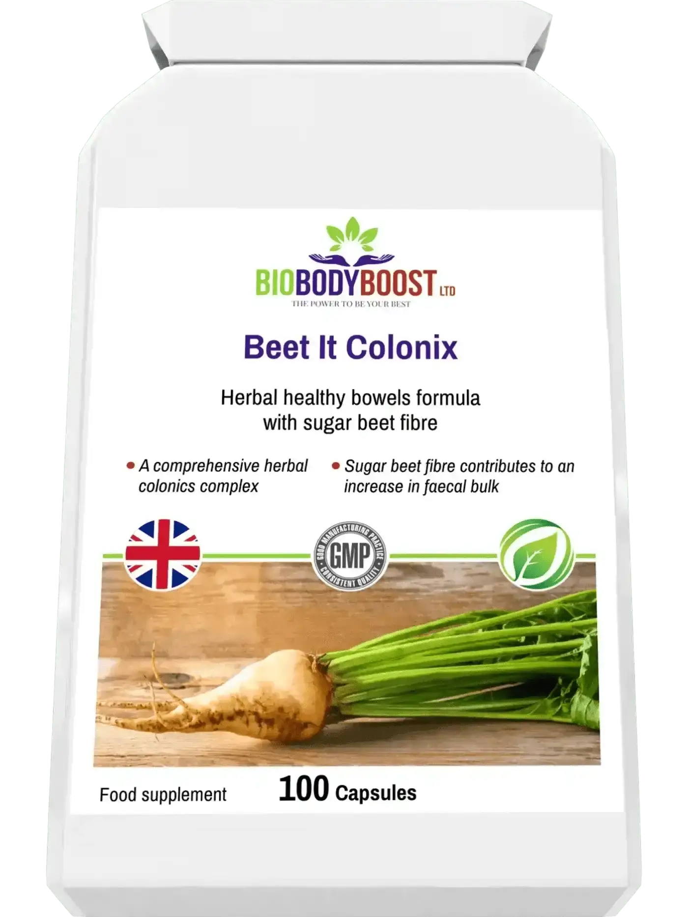 Beet It Colonix colon cleanse lifestyle shot UK — BioBodyBoost sugar beet botanical supplement, 60 capsules