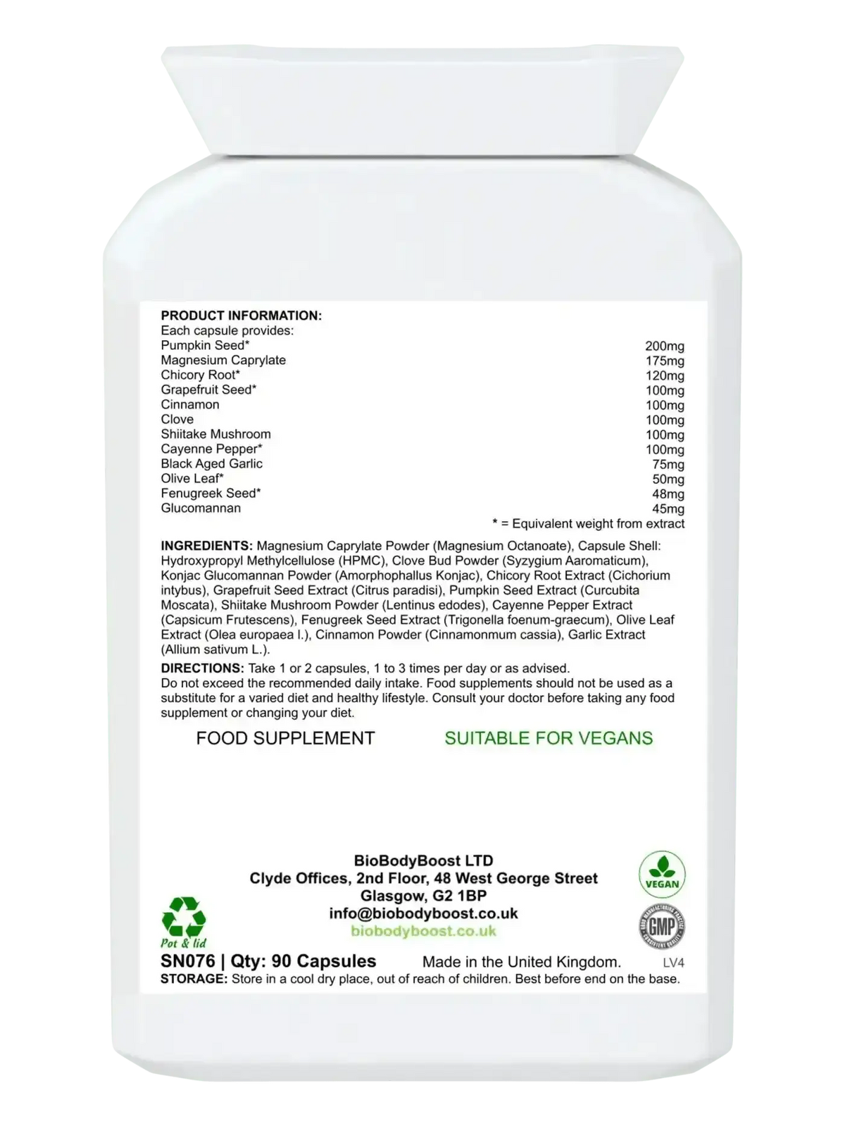 BioKlenz 90 vegan gut detox capsules UK — caprylic acid, wormwood and black walnut formula, back label