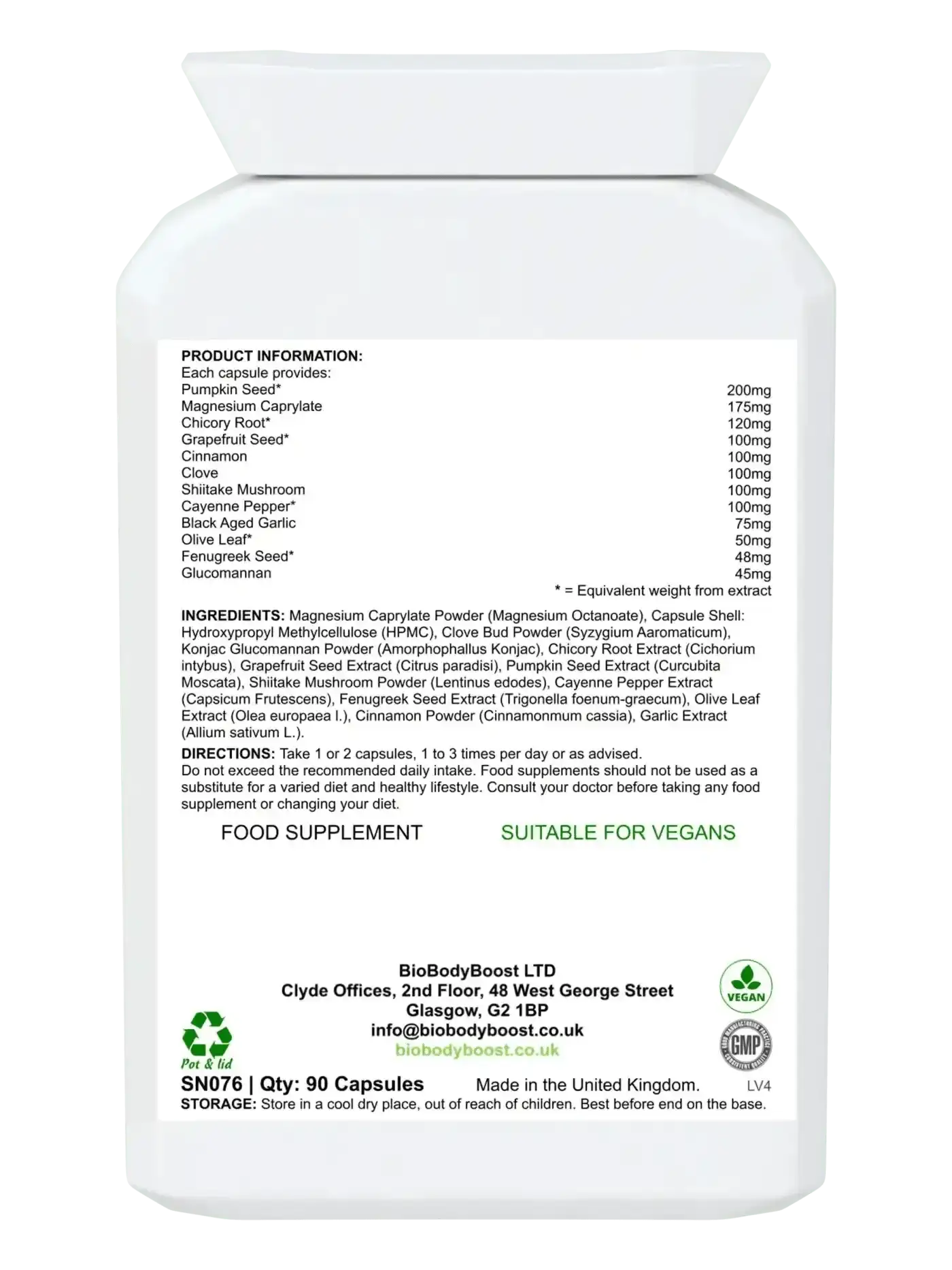 BioKlenz 90 vegan gut detox capsules UK — caprylic acid, wormwood and black walnut formula, back label