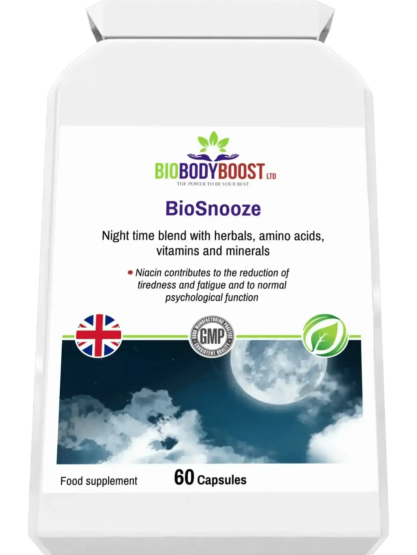 BioBodyBoost BioSnooze herbal sleep supplement — 60 night-time capsules, UK manufactured, no artificial fillers