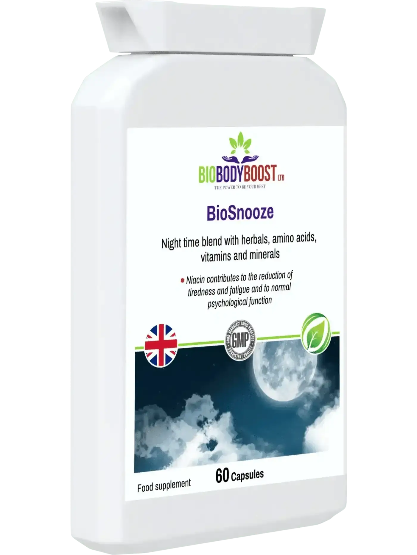 BioBodyBoost BioSnooze herbal sleep aid UK — ashwagandha adaptogen and chamomile botanical formula, capsule detail
