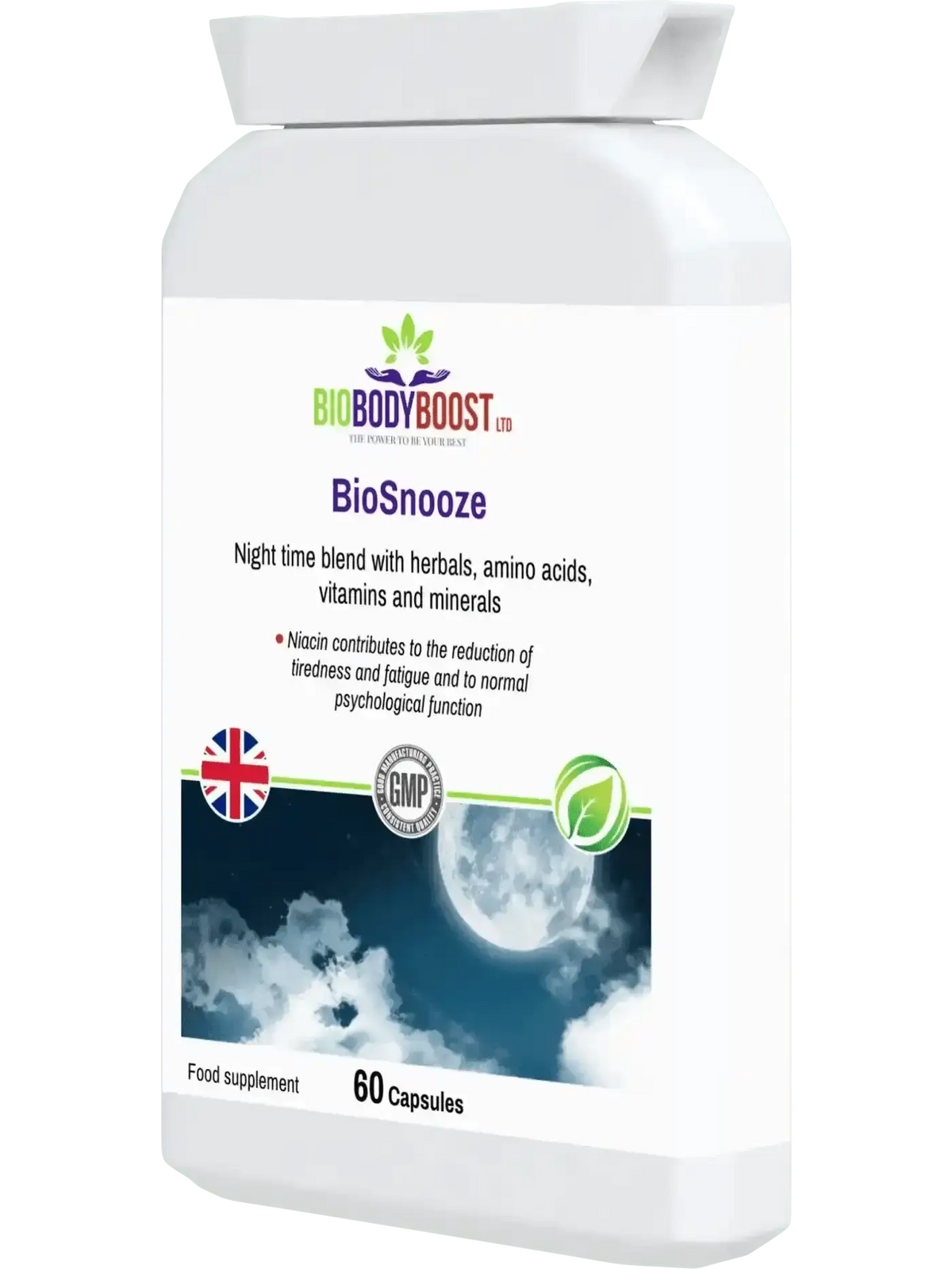 BioSnooze non-habit forming sleep supplement UK — herbal night formula, vegan and halal approved, side view