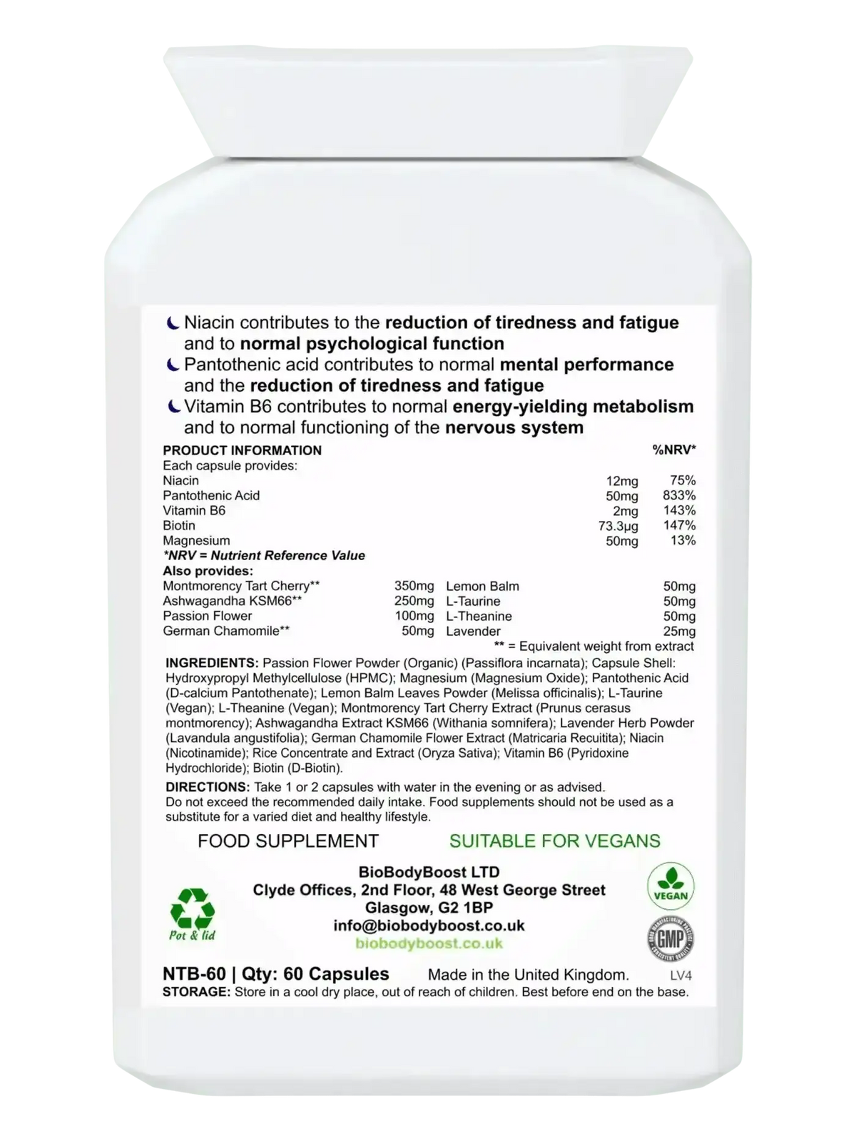 BioSnooze natural sleep aid capsules UK — 60 vegan caps with magnesium and B vitamins, back of bottle