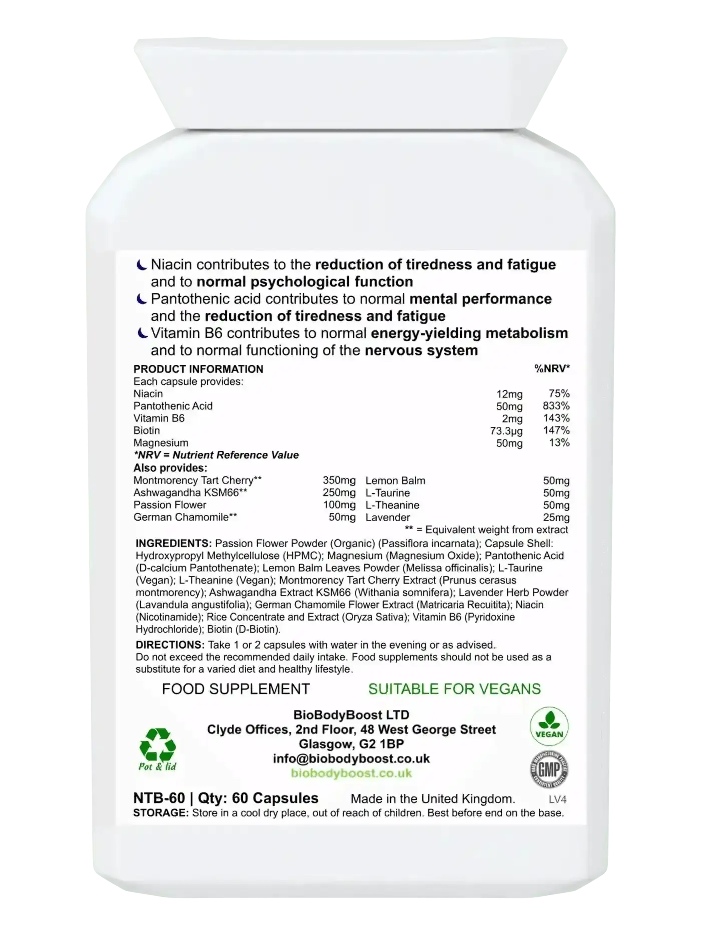BioSnooze natural sleep aid capsules UK — 60 vegan caps with magnesium and B vitamins, back of bottle