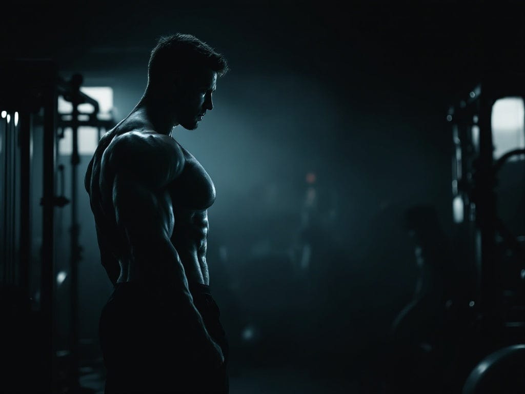 Muscular silhouette of a person in a dark gym setting