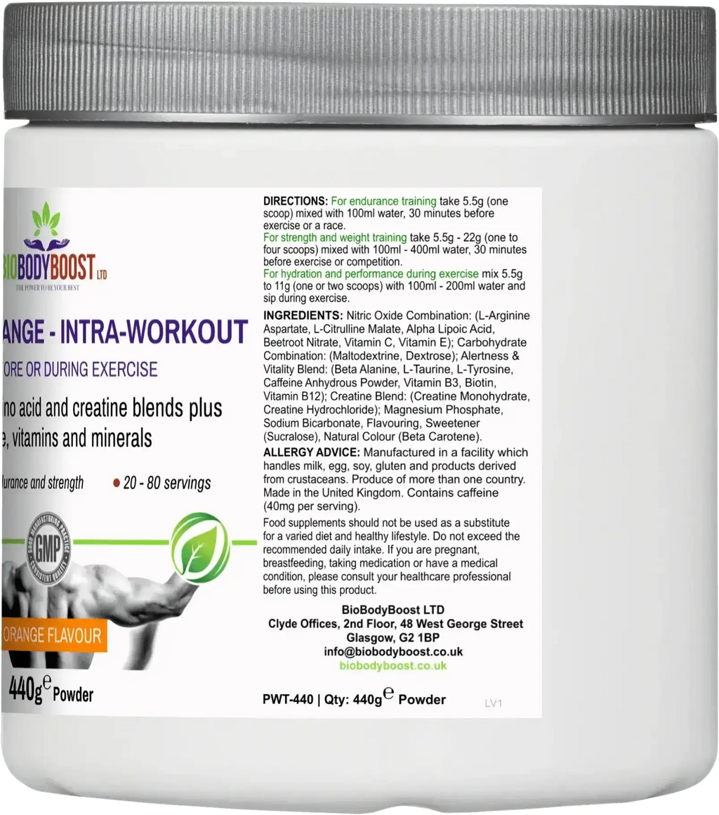 Back label of BioBodyBoost Workout Range Intra-Workout Blend detailing ingredients, usage directions, and allergy advice for 440g powder.