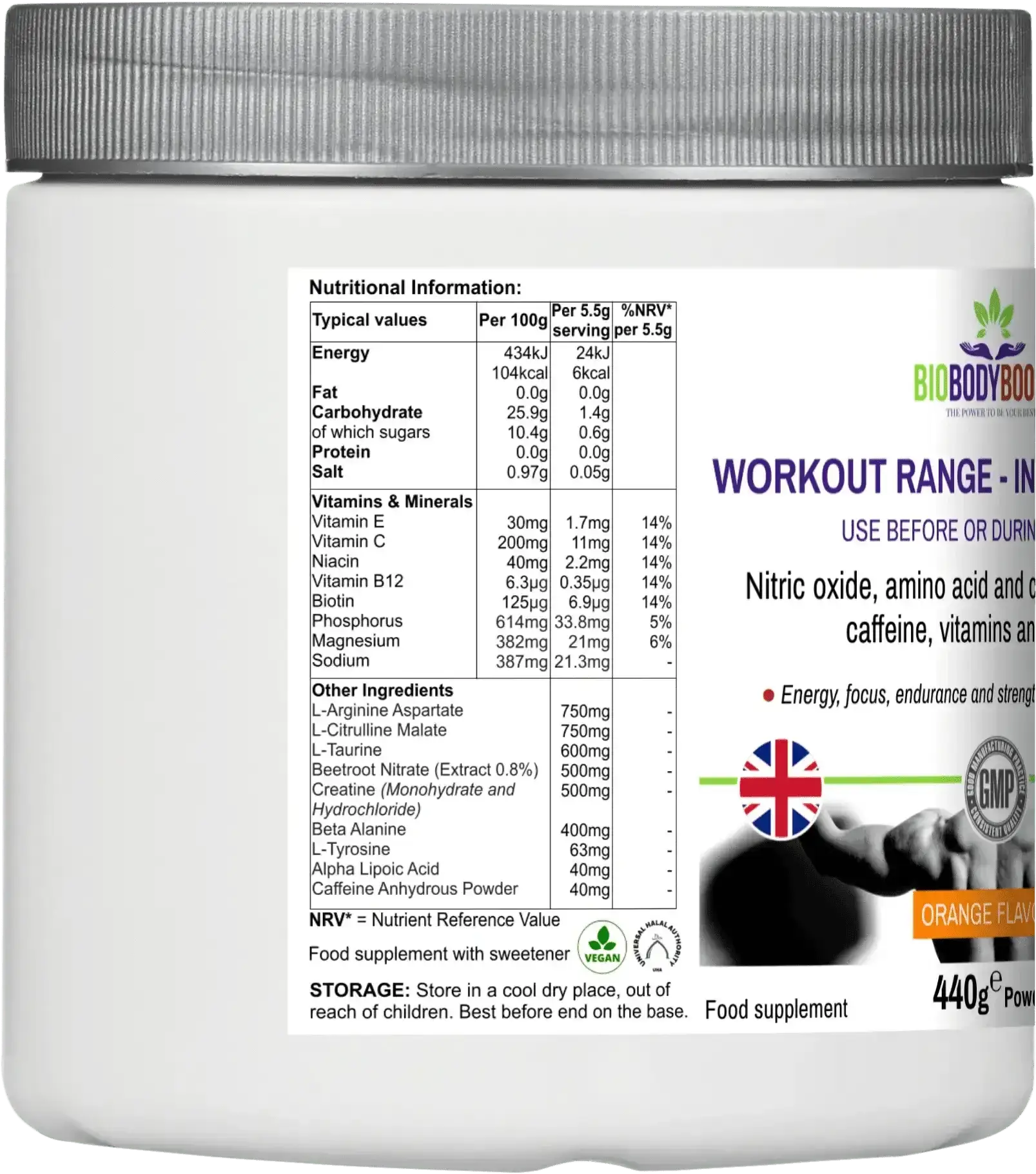 Nutritional label of BioBodyBoost Intra-Workout Creatine Blend showing vitamins, minerals, and amino acid content per 5.5g serving.